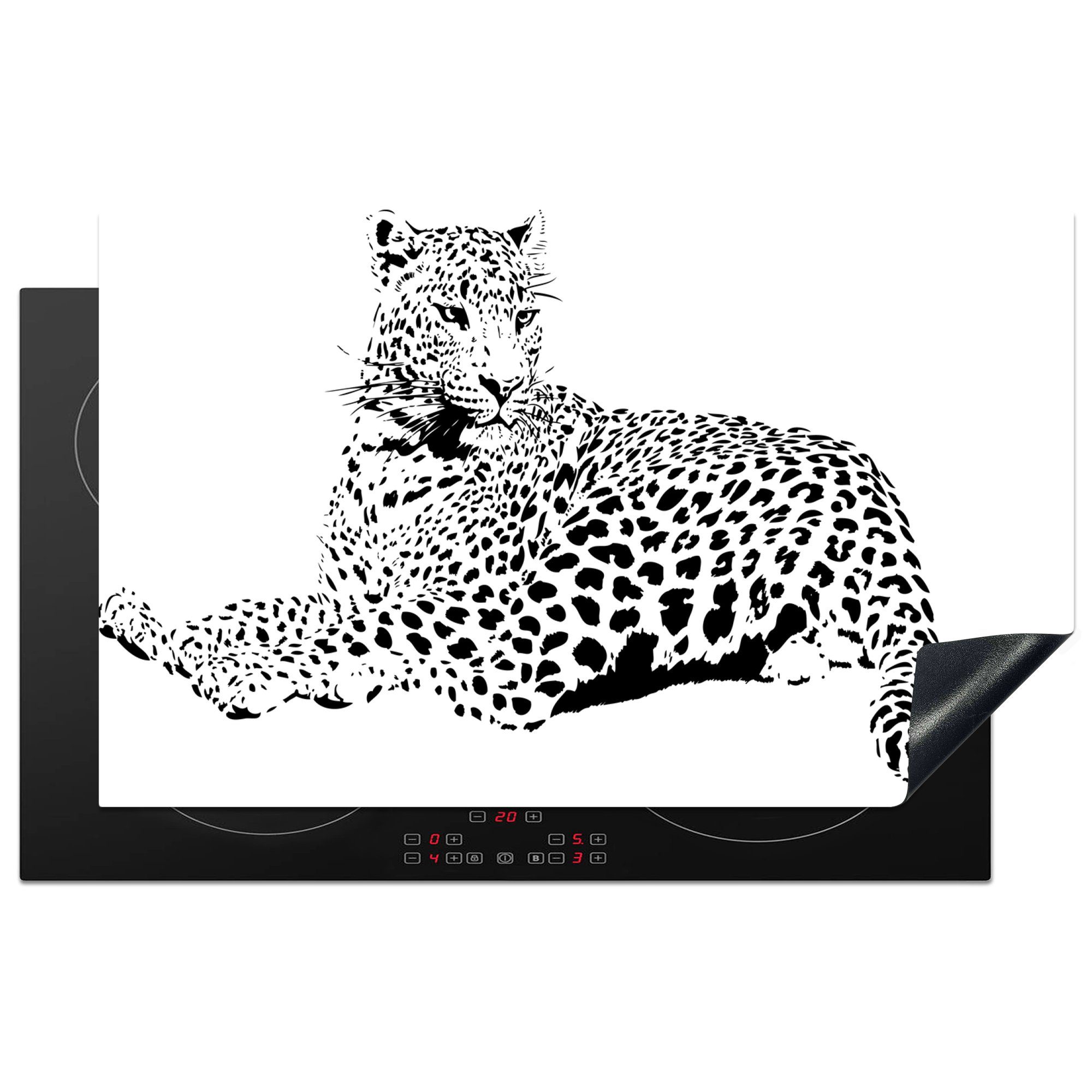 MuchoWow Herdblende-/Abdeckplatte Eine Illustration eines liegenden Leoparden, Vinyl, (1 tlg), 83x51 cm, Ceranfeldabdeckung, Arbeitsplatte für küche