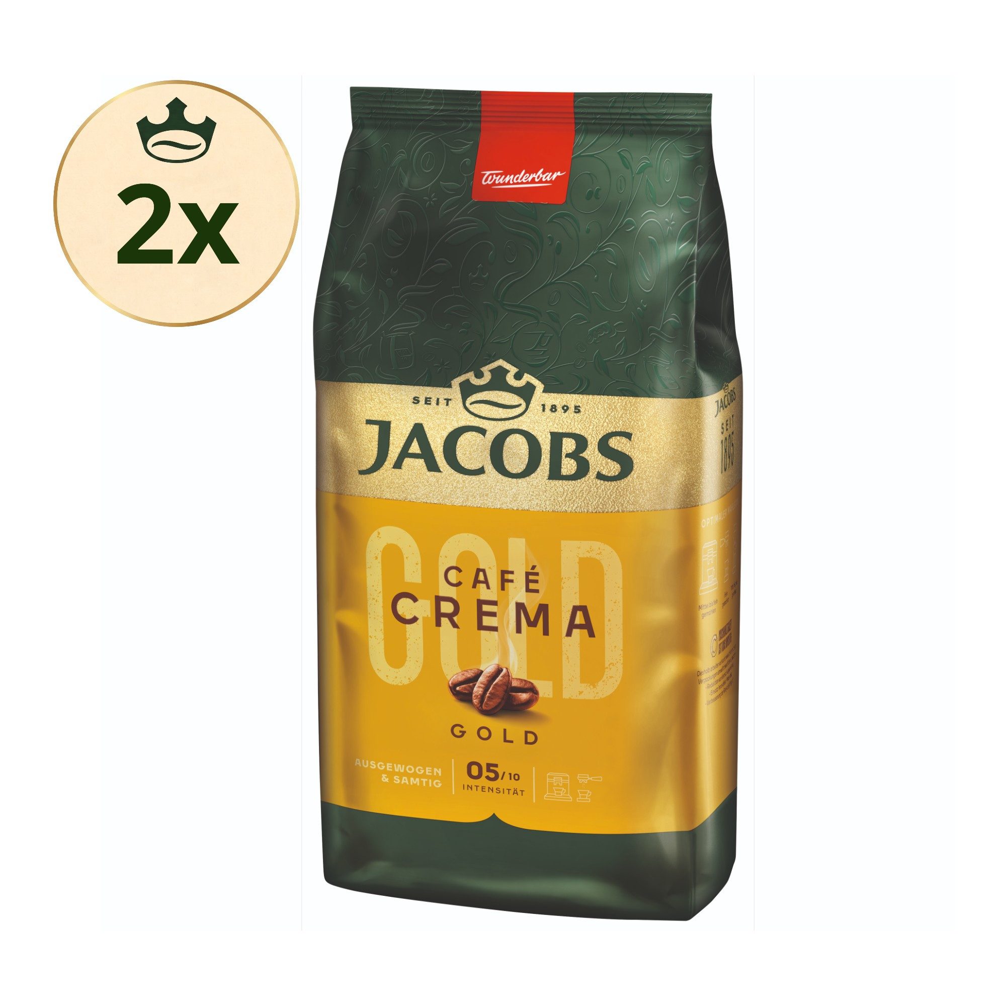 JACOBS Kaffee Kaffeebohnen Expertenröstung Café Crema Gold ganze Bohnen 2 x 1 kg, (Packung, 2er Pack)