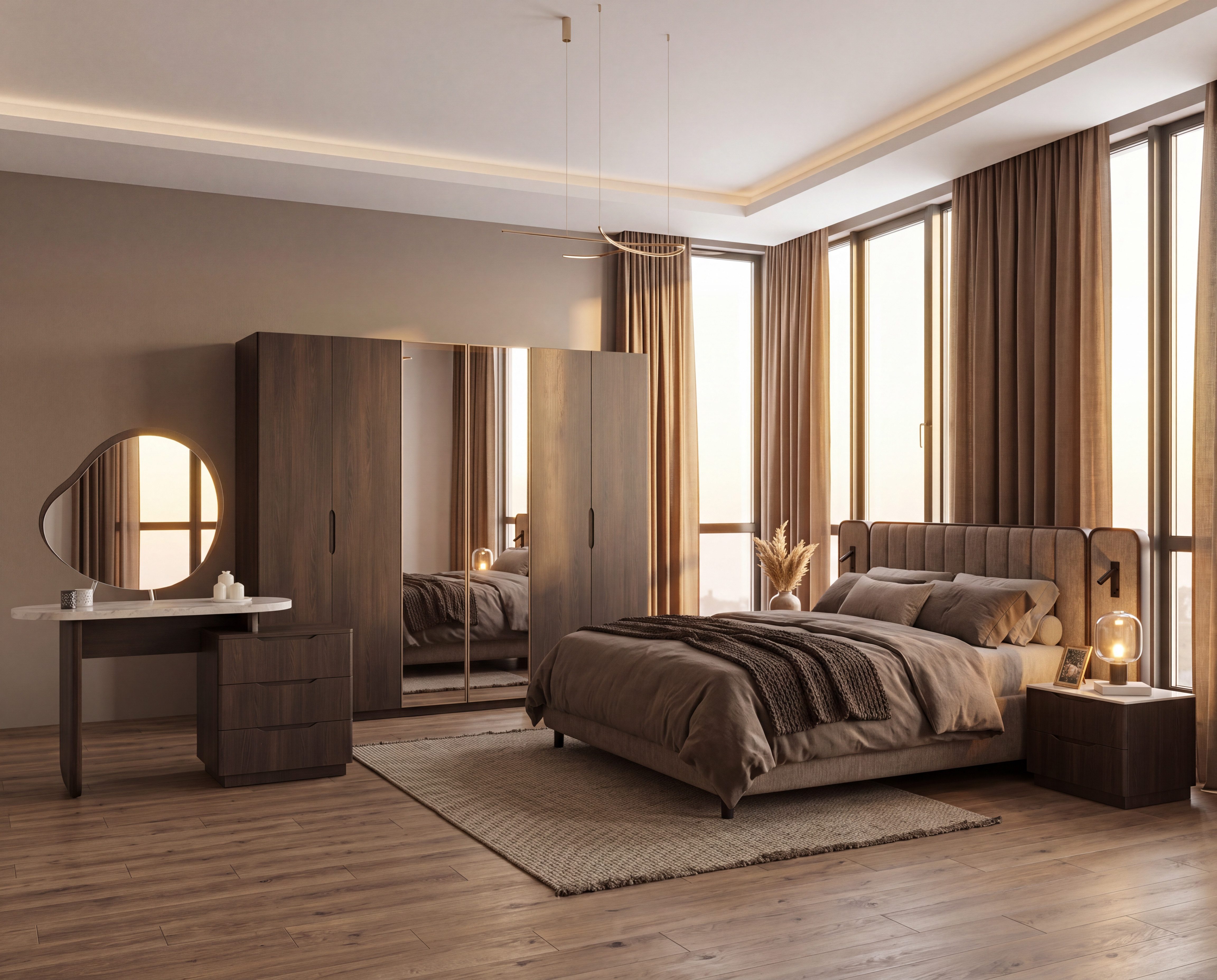 JulietHome Schlafzimmer-Set Lizbon, (Set, Kleiderschrank, Bett, 2 Nachttische, Schminktisch mit Spiegel & Hocker), Bettkasten und integrierte Bettlampen