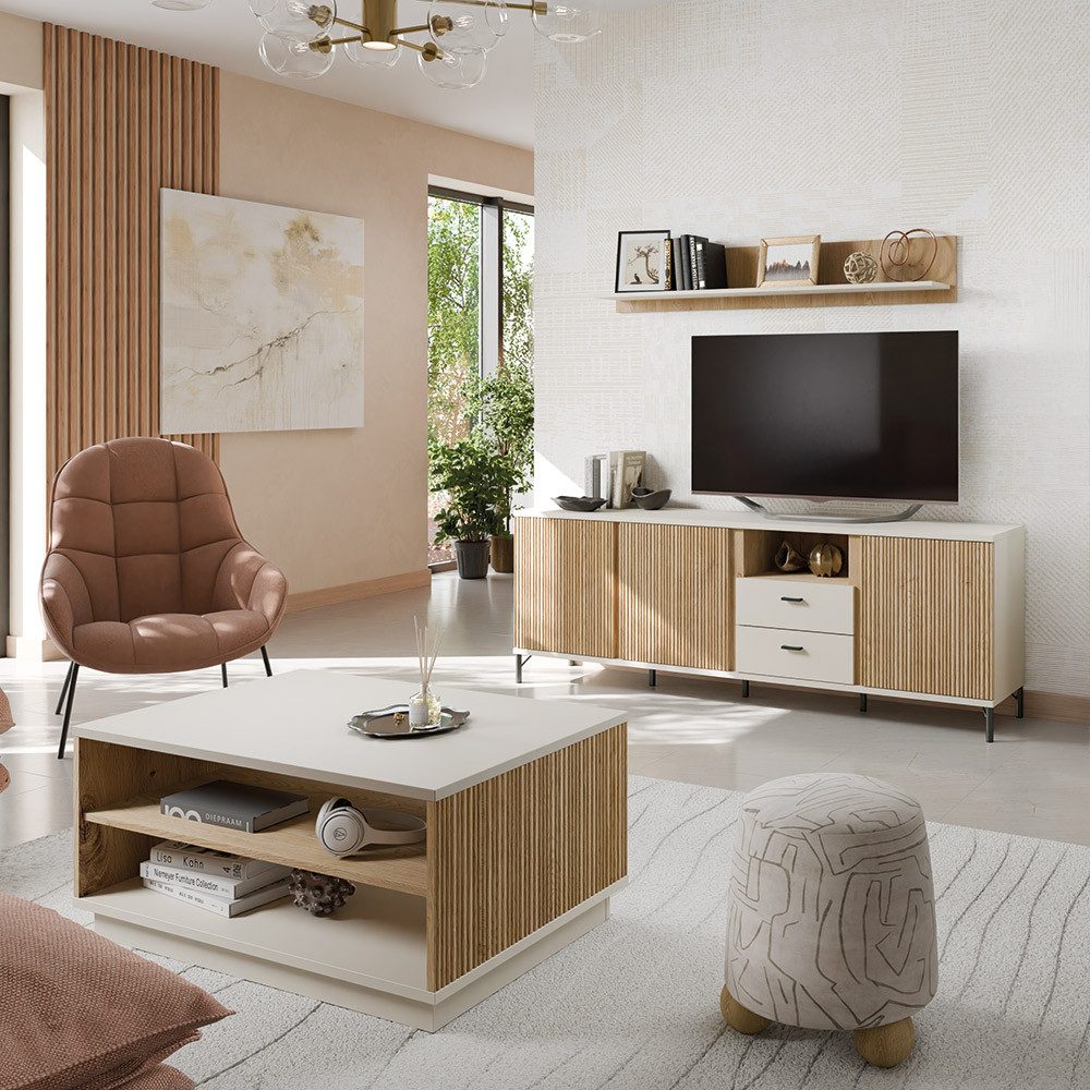 Lomadox Wohnzimmer-Set MOLINA-129, (Mega-Spar-Set, 3-St., Lowboard Wandregal Couchtisch), Wohnzimmermöbel in Eiche & kaschmir mit Softclose-Funktion