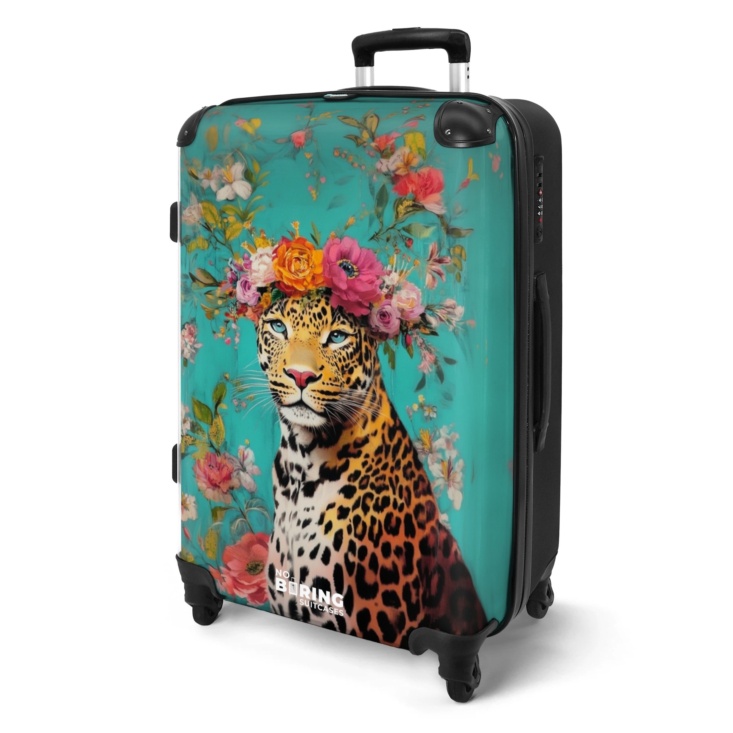 NoBoringSuitcases.com© Hartschalen-Trolley Leopard mit Blumenkrone auf günstig online kaufen