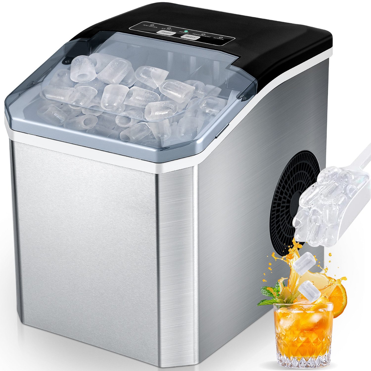 CkeyiN Eiswürfelmaschine YH22M Ice Maker 1,3 l Wassertankkapazität 12kg/24 Stunde (9 Würfel), Stummschalten, Selbstreinigung, Sensor Eis voll und Wasser hinzufügen