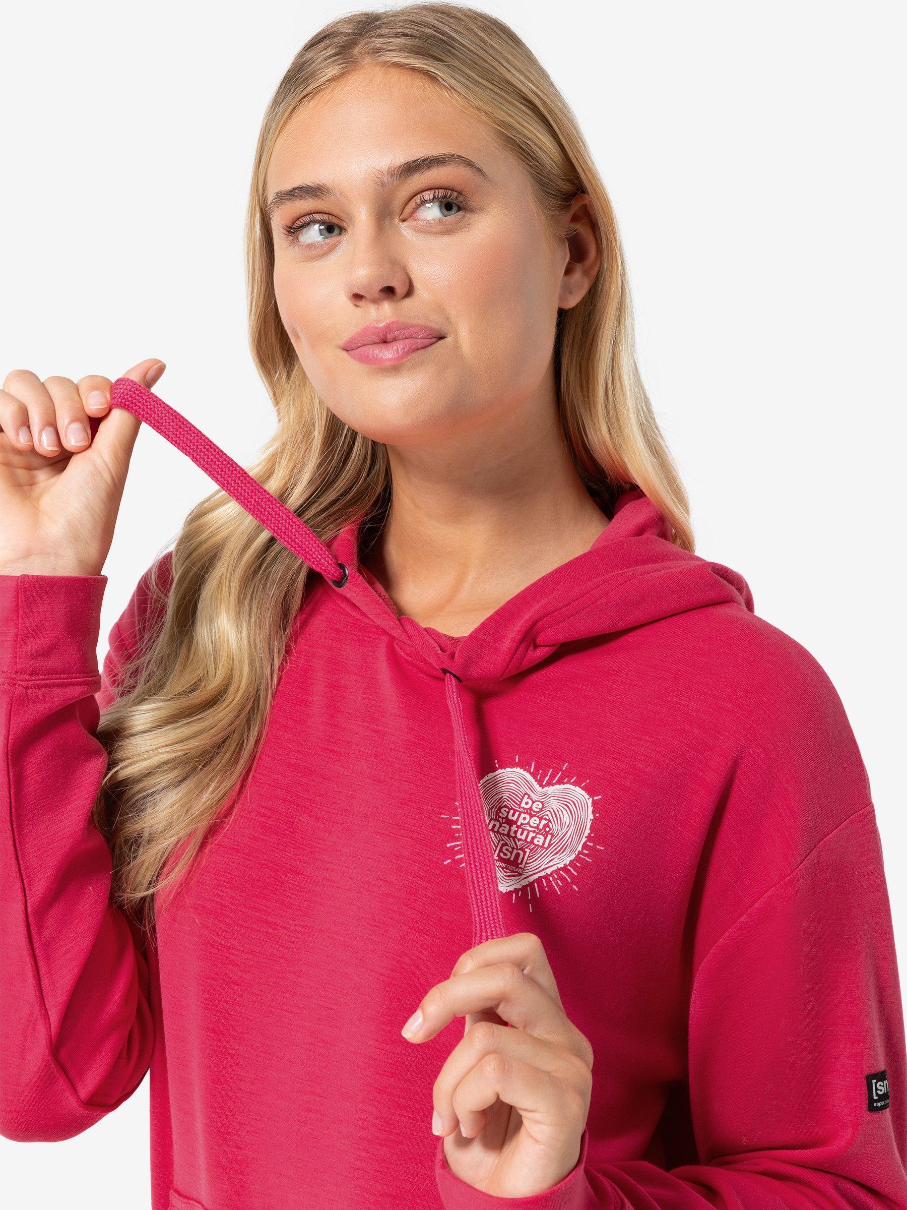 SUPER.NATURAL Hoodie für Damen, Merino LITTLE HEARTWOOD mit Herz Motiv