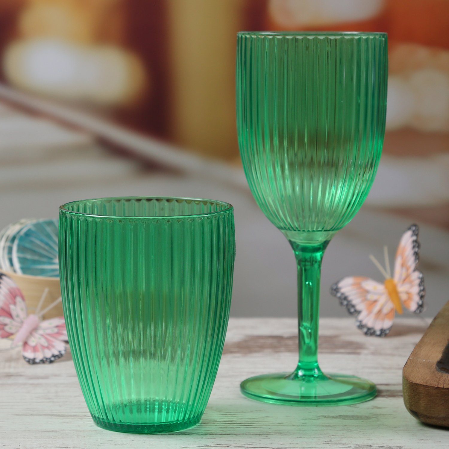 430ml Kunststoff MARELIDA mit grün, Glas Trinkglas Becher Picknick Wasserglas Rillen Camping