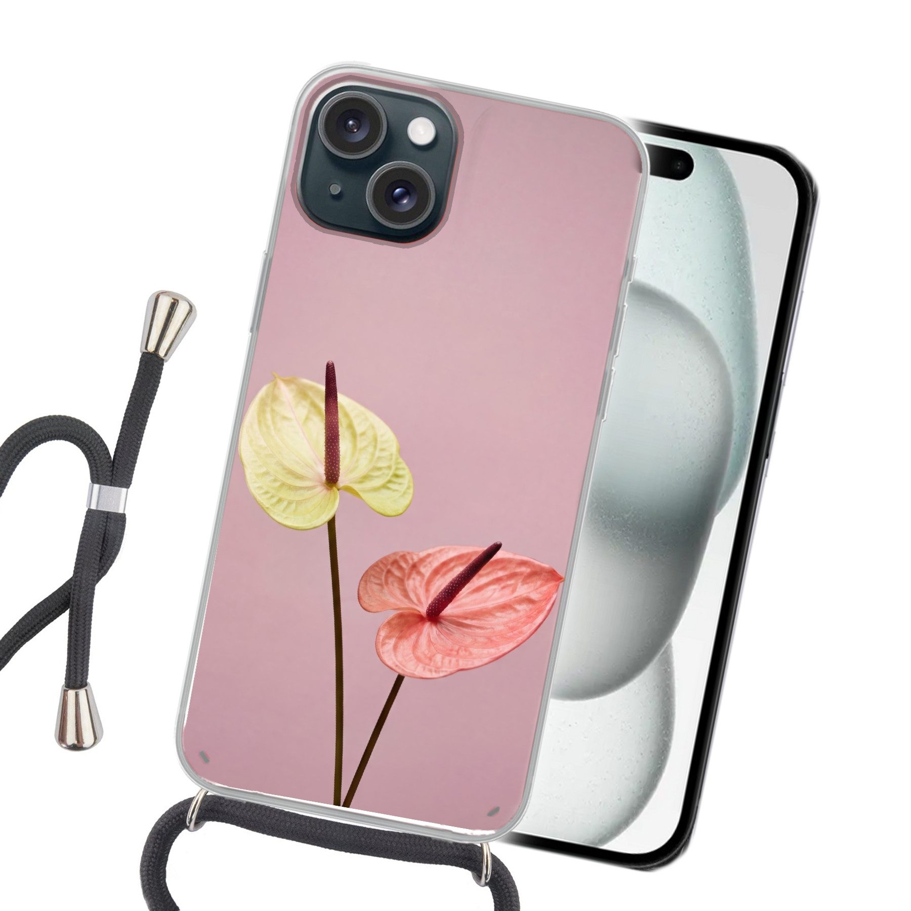 MuchoWow Handyhülle für Apple iPhone 15 Blumen - Anthurien - Gelb - Rosa, Tragbare Handyhüllen mit Kette zum umhängen, Handykette Handyband