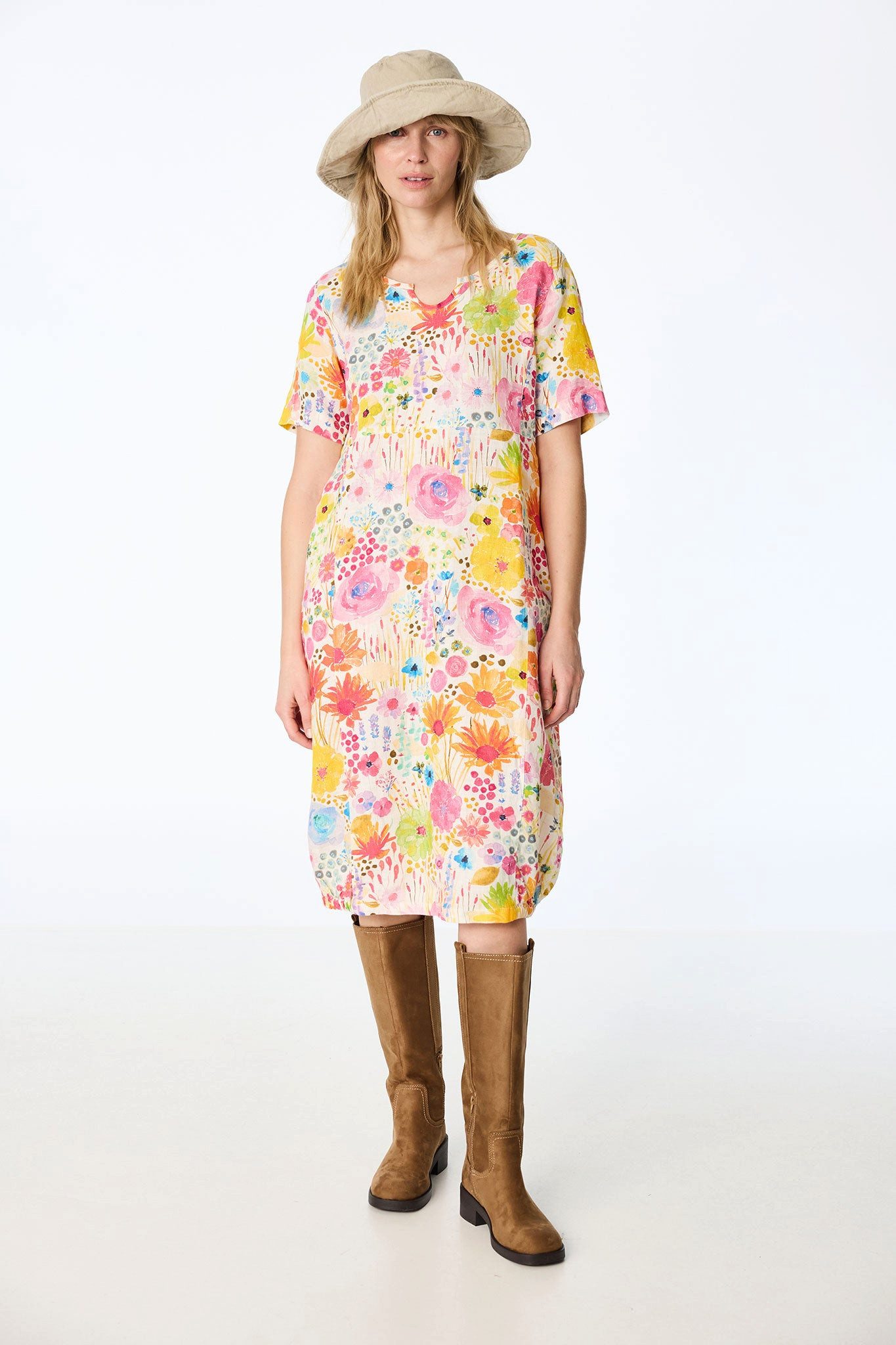Himalaya Clothing Sommerkleid Kleid Damen mit lebendigem Alloverprint - Kurzarm Kleid in Egg-Shape Edles Midikleid atmungsaktiv & klimaregulierend