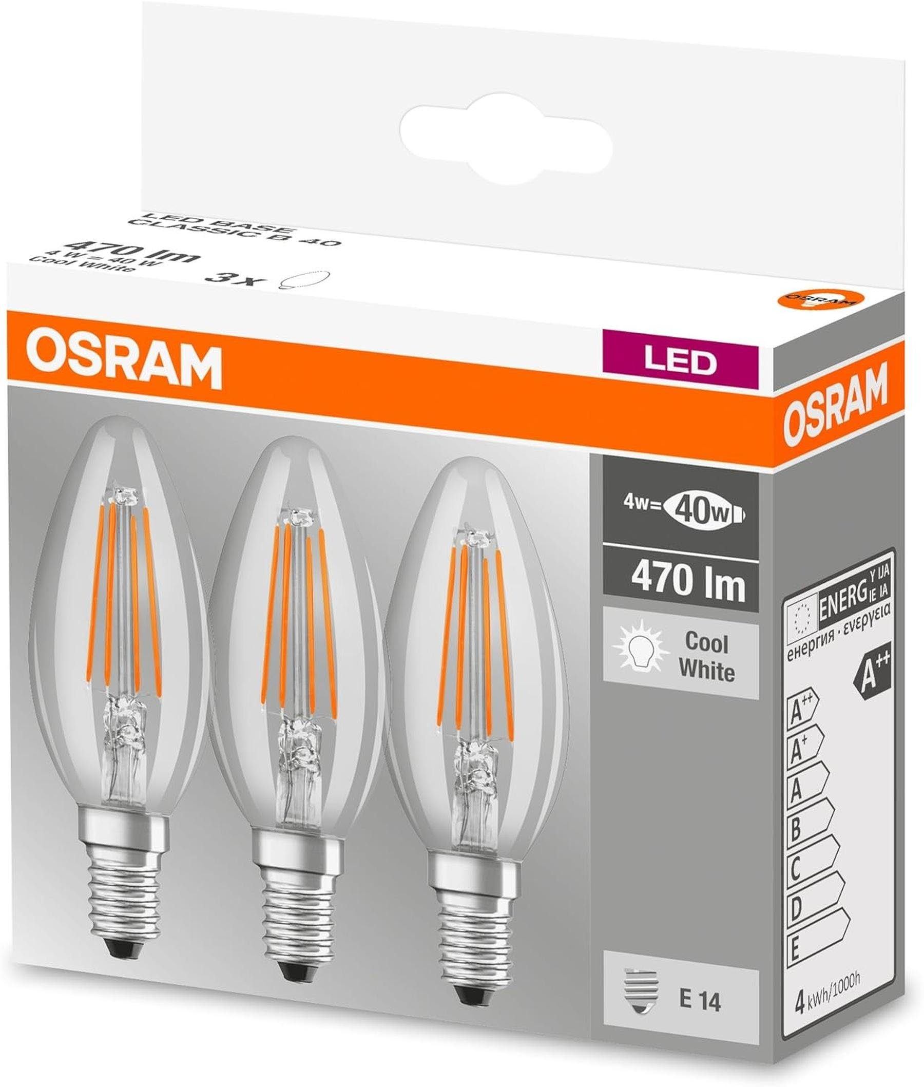 E14, kaltweiss, Osram-LED-Base-Classic-B-Lampe-, 4000 3er-Pack Kerzenform Kelvin Osram 40 LED-Leuchtmittel Watt