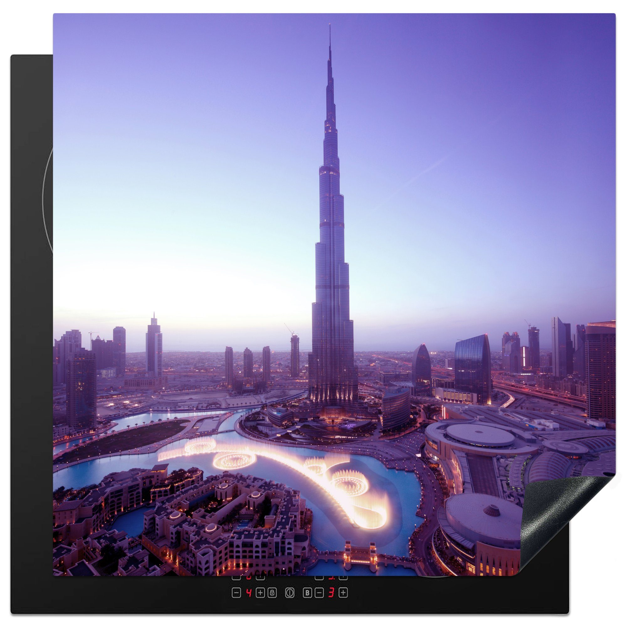MuchoWow Herdblende-/Abdeckplatte Lila Himmel über dem Burj Khalifa, Vinyl, (1 tlg), 78x78 cm, Ceranfeldabdeckung, Arbeitsplatte für küche