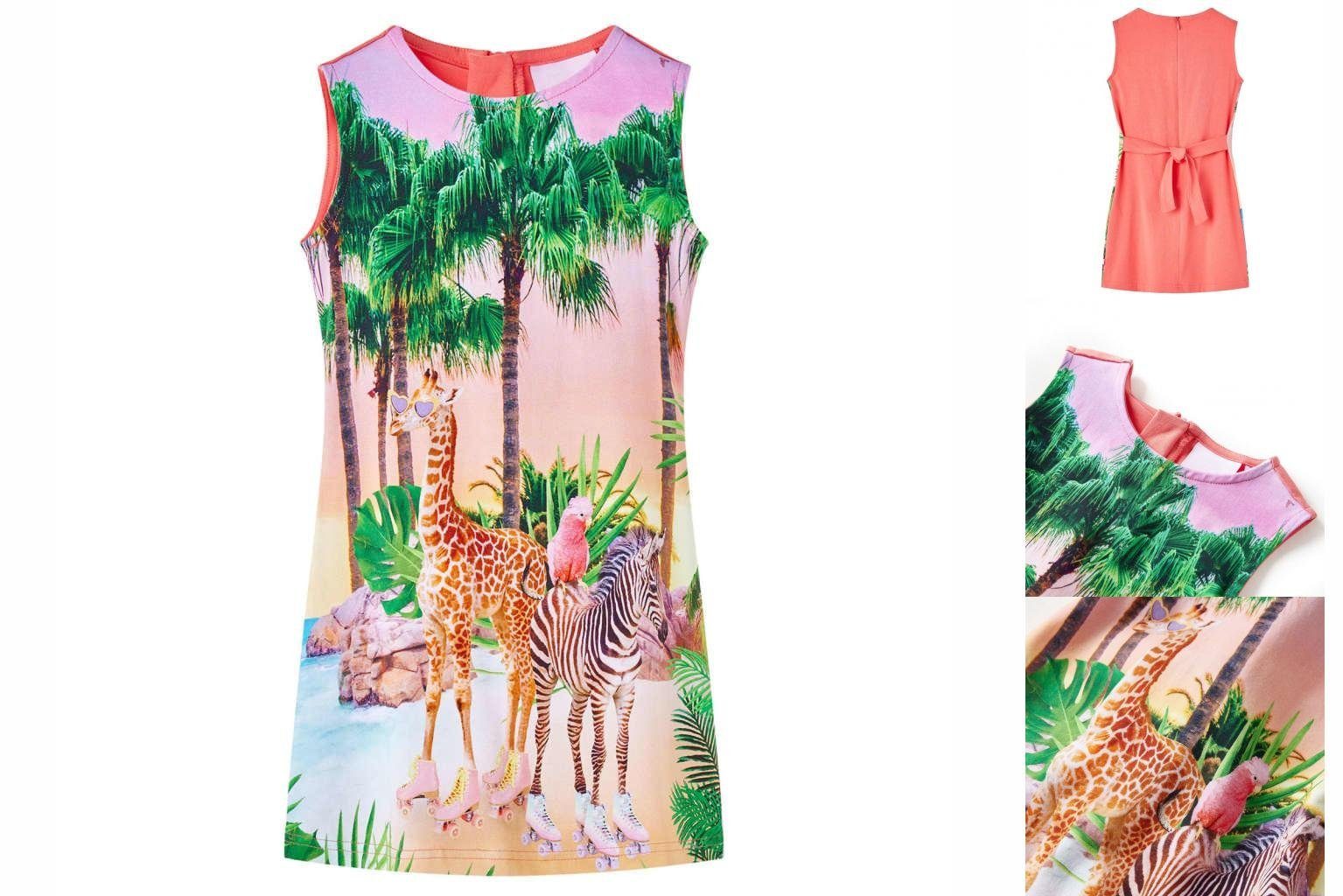 vidaXL A-Linien-Kleid Kinderkleid mit Tropischer Landschaft und Tieren Korallenrosa 140