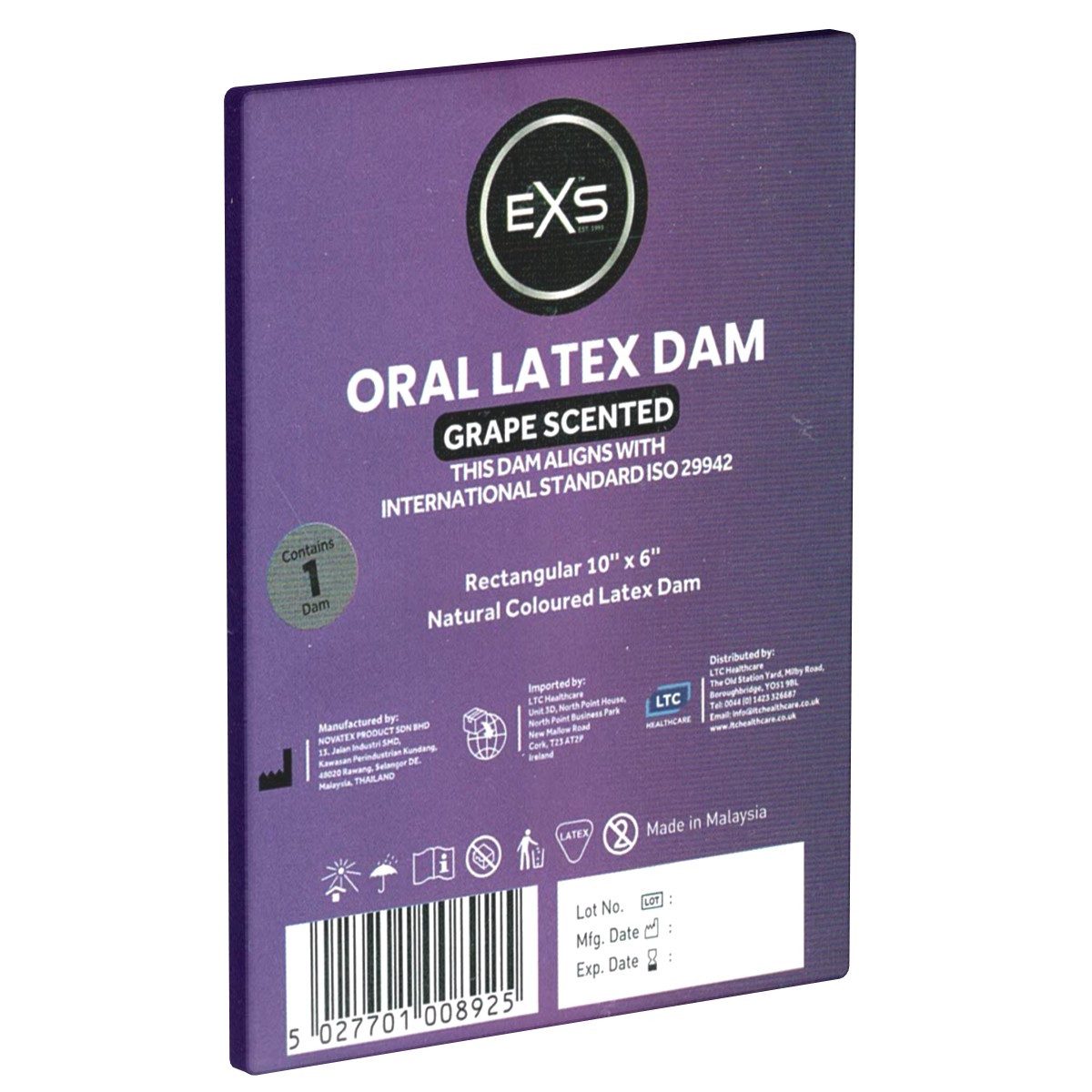 EXS Kondome Scented Oral Latex Dams - Lecktücher aus Latex Sorte: Traube, Packung mit, 1 St., gefühlsechte Lecktücher für den Oralverkehr, Latextücher mit Duft und Geschmack