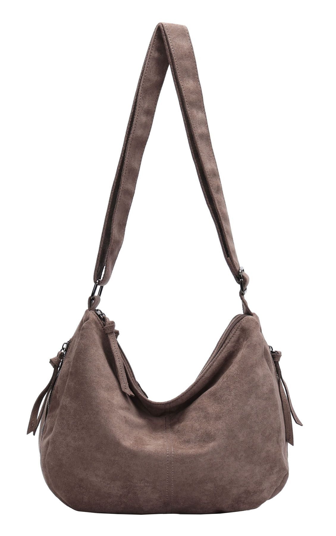 ITALYSHOP24 Schultertasche Damen Tasche Crossbody Shopper Umhängetasche BodyBag Samt Freizeit Bag, 2xFach Fächer Henkeltasche Wildleder-Optik Hobo Bag Beutel City Bag
