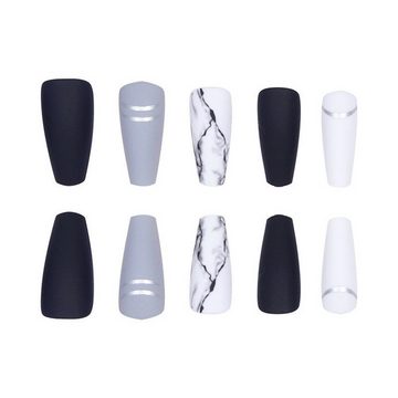 YRIIOMO Kunstfingernägel Wearing Nails Medium Ballet Frosted Silver Line Marmor Schwarz und, Weiß Gemischte Maniküre Trapezförmiger Fake Nail Patch