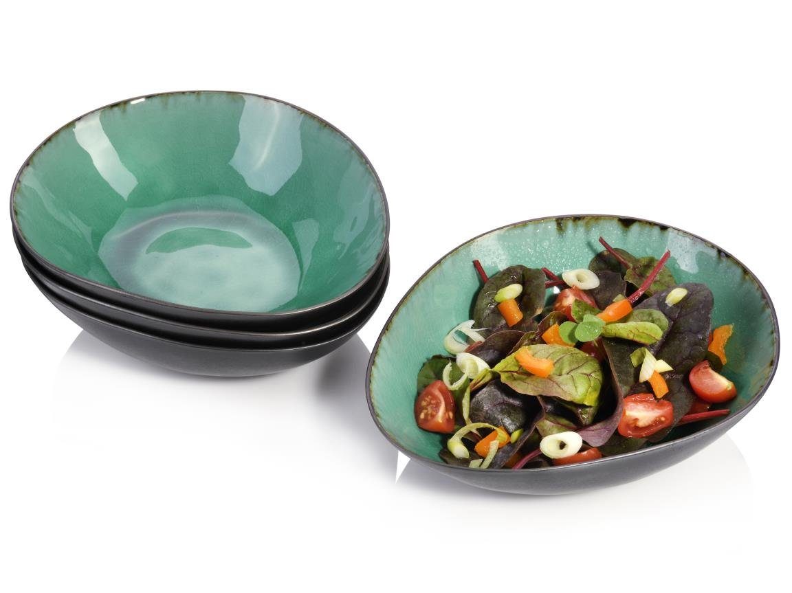 SÄNGER Salatschüssel Palm Beach, Grün Schwarz, Steingut, (Set, 4-tlg), Salatschalen Set mit Krakellee-Effekt, Vintage Design