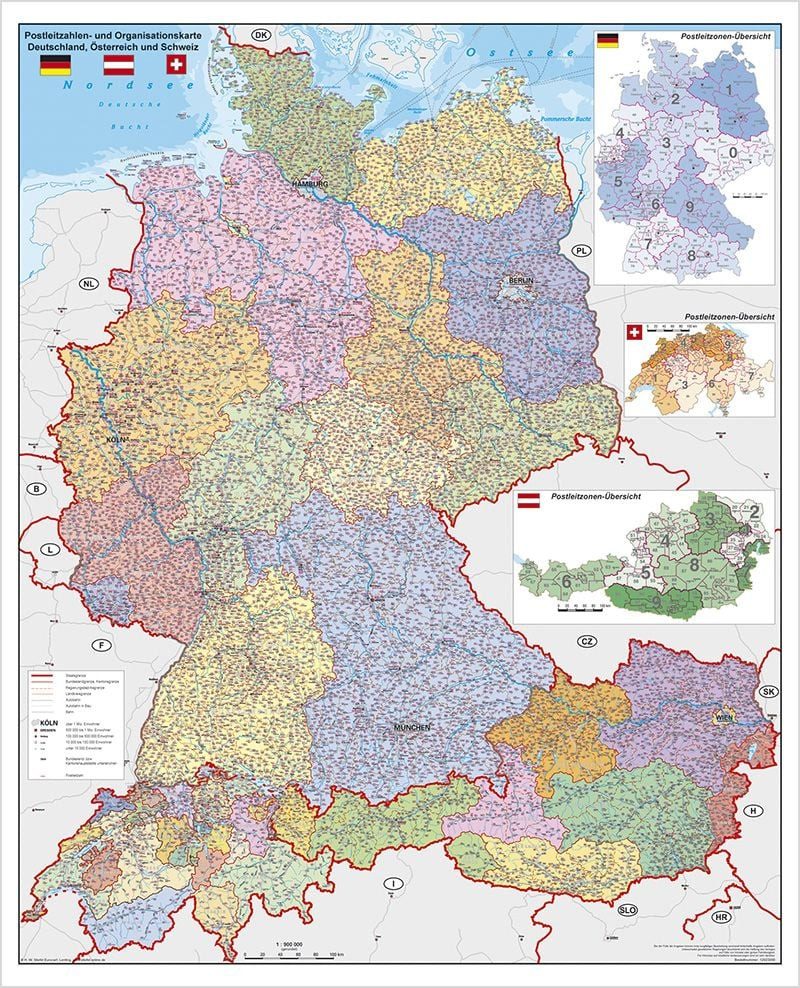 Deutschland-Österreich-Schweiz Postleitzahlen- und Organisationskarte. / Heinrich Stiefel, Plano. Laminiert. Beschrift- u. abwischbar