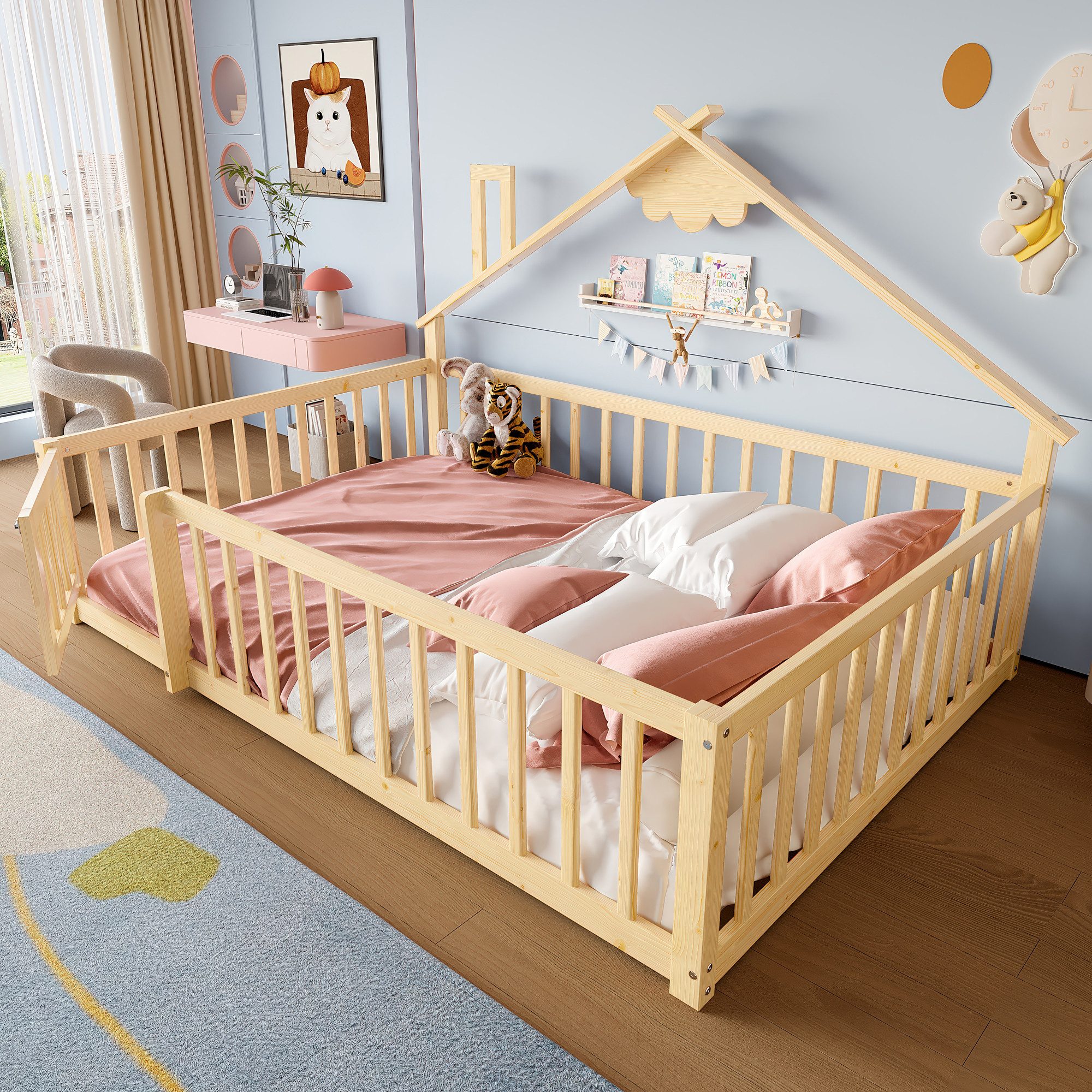 Flieks Kinderbett, Bodenbett Holzbett Hausbett 140x190cm mit Geländer