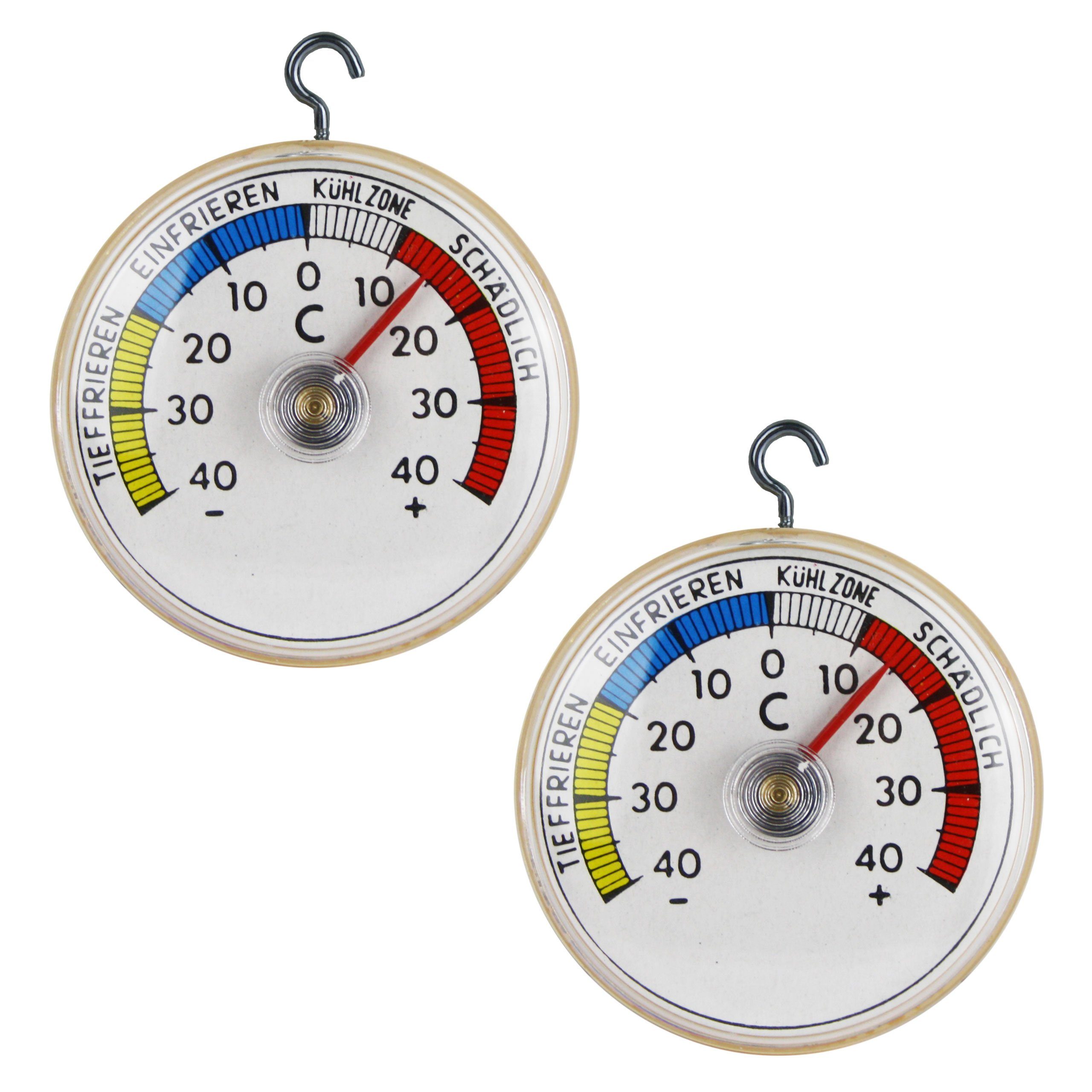 Lantelme Kühlschrankthermometer selbstklebend mit Haken Gefrierschrank Kühlschrank Thermometer Analog, Spar-Pack 2-tlg., Wählbar 2 oder 5 Stück, mit Metallhaken und Klebepad, Deutsche Herstellung, Temperaturanzeige + - 40°C