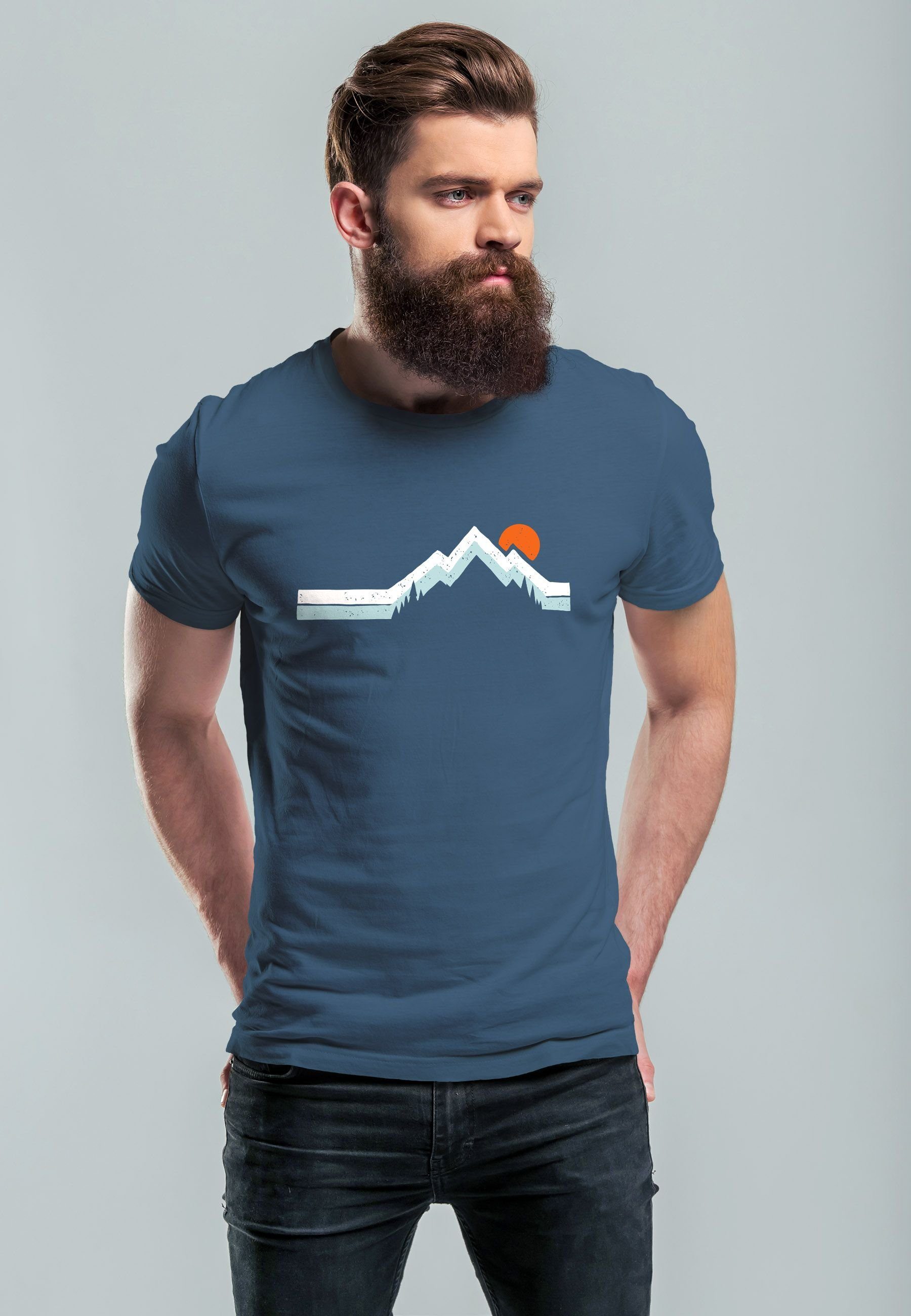 Aufdruck Print-Shirt mit Printshirt Berg mit Fash T-Shirt Outdoor denim Wandern Natur Herren Neverless blue Print