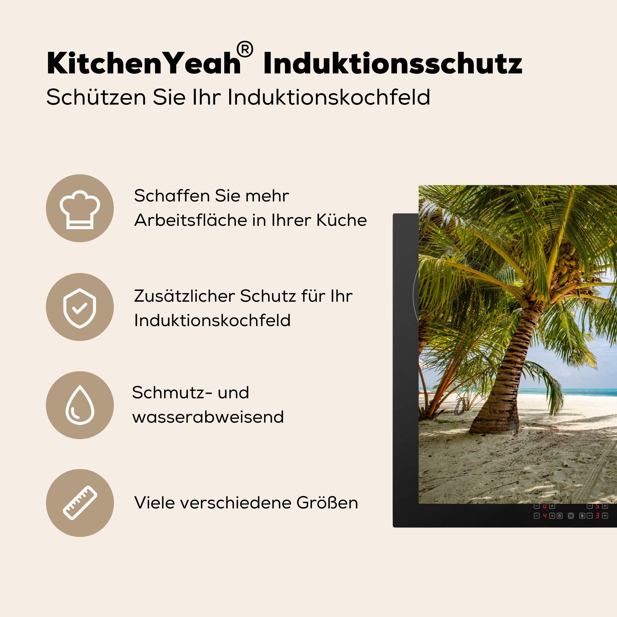 Palmen MuchoWow Induktionskochfeld für den Ceranfeldabdeckung küche, Bali, Strand einem Vinyl, Sonnenliegen (1 tlg), die zwischen 81x52 Herdblende-/Abdeckplatte Schutz cm, an auf