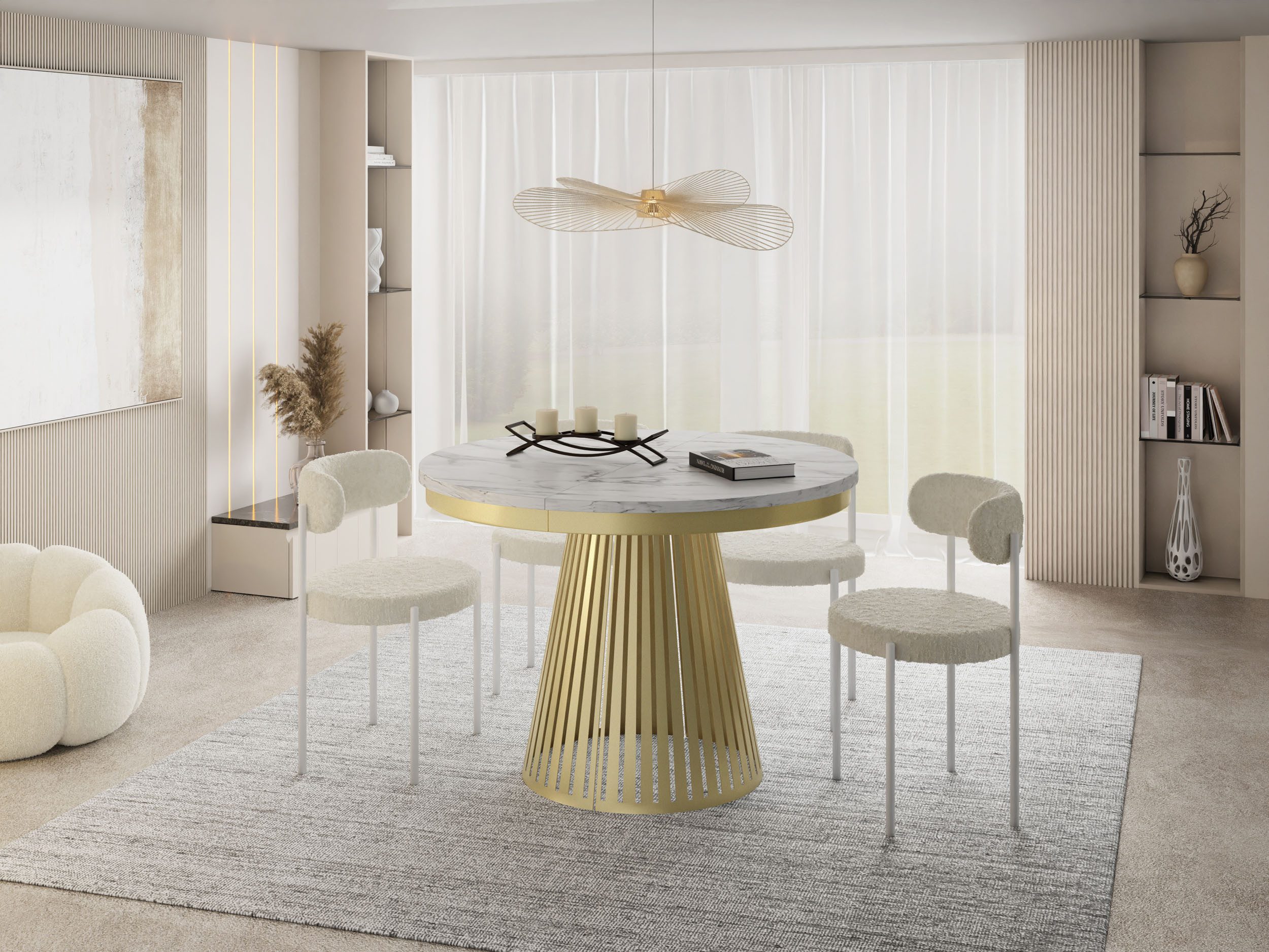 WFL GROUP Esstisch Naro Gold ausziehbar rund modern mit Metallbeinen in Gold (MADE IN EU, erhältlich in 2 Größen – 100/120 cm, ausziehbar auf 180/200 cm), platzsparender Tisch für kleine Küche, Esszimmer oder Wohnzimmer