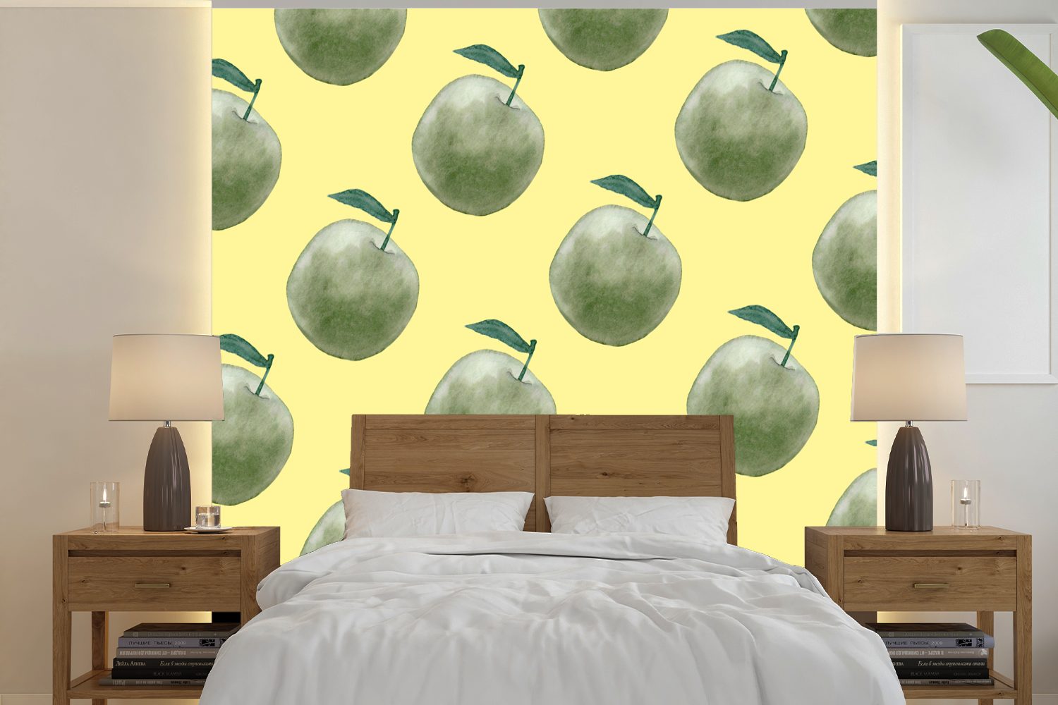 MuchoWow Fototapete Äpfel - Obst - Grün, Matt, bedruckt, (5 St), Vinyl Tapete für Wohnzimmer oder Schlafzimmer, Wandtapete