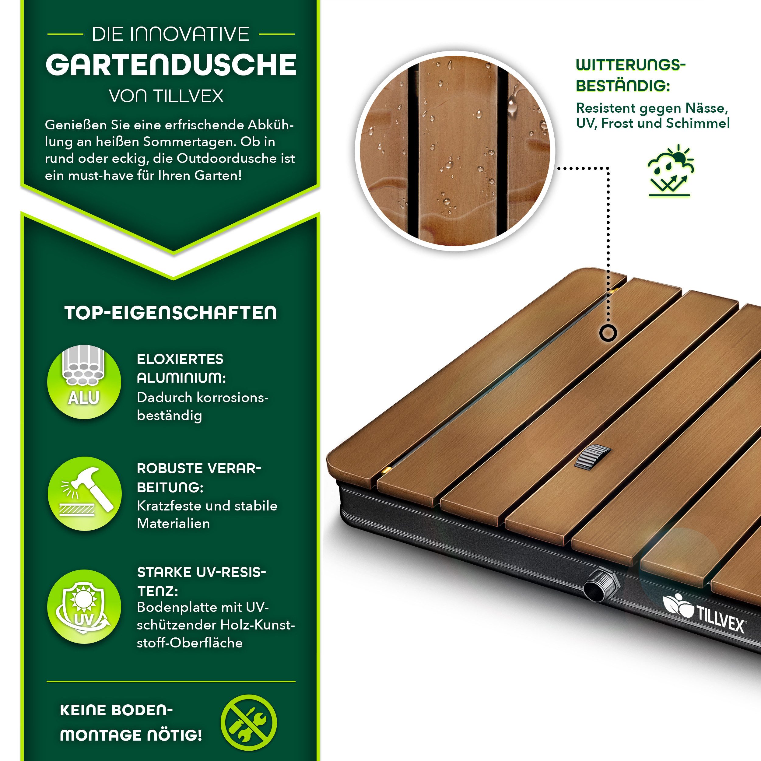 tillvex Gartendusche Outdoor bis 4 m Fontänenhöhe Bodendusche (Campingdusche aus Aluminium/WPC/Holzoptik), mit Fußrad Außendusche rutschfest Saunadusche wetterfest