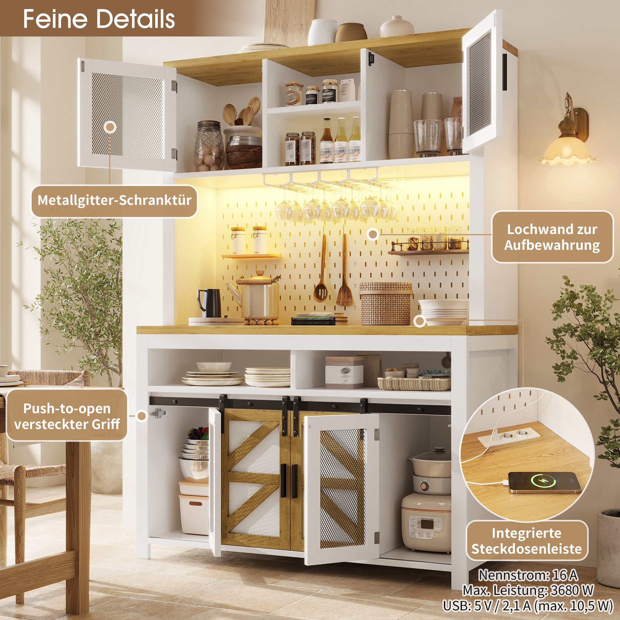 i@home Hochschrank Küchenschränke mit Smart-Light & Steckdosen USB-Anschluss,großzügiger Arbeitsfläche,LED-Beleuchtung,Schwarze /Weiß