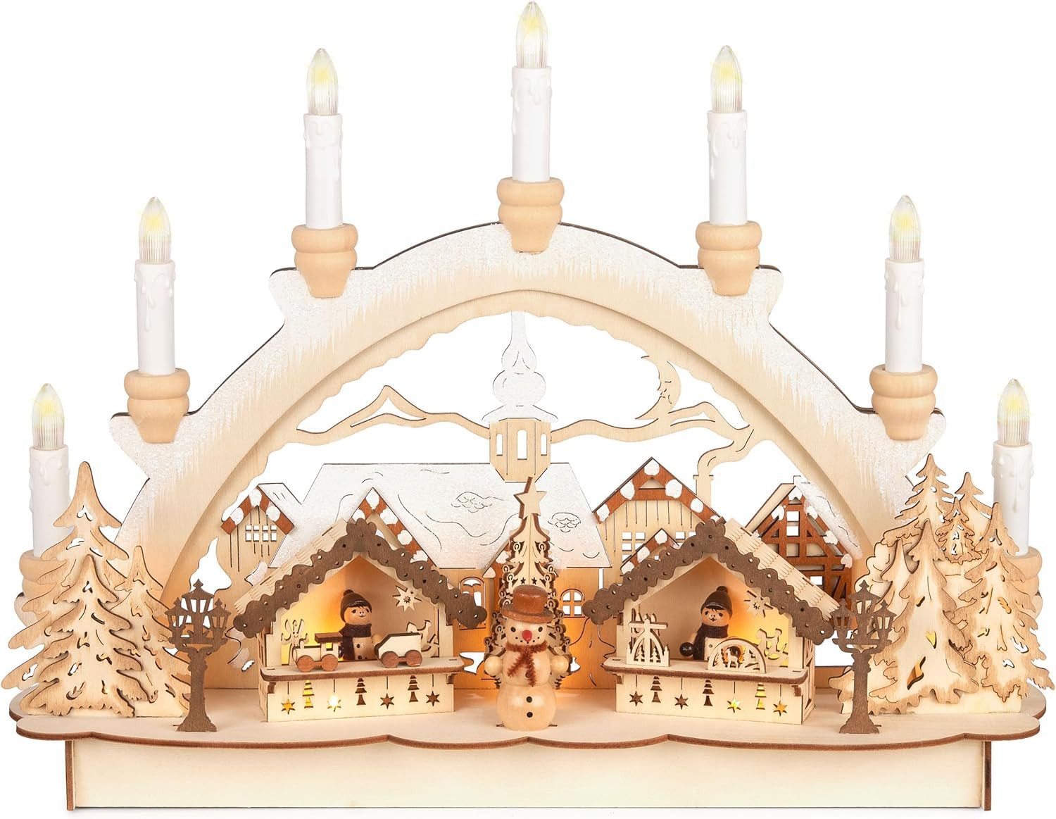 BRUBAKER LED Lichterbogen Schwibbogen mit LED Kerzen - Weihnachtsmarkt - Deko für Fenster, Weihnachtsbeleuchtung aus Holz Natur - Handbemalte Weihnachtsdeko