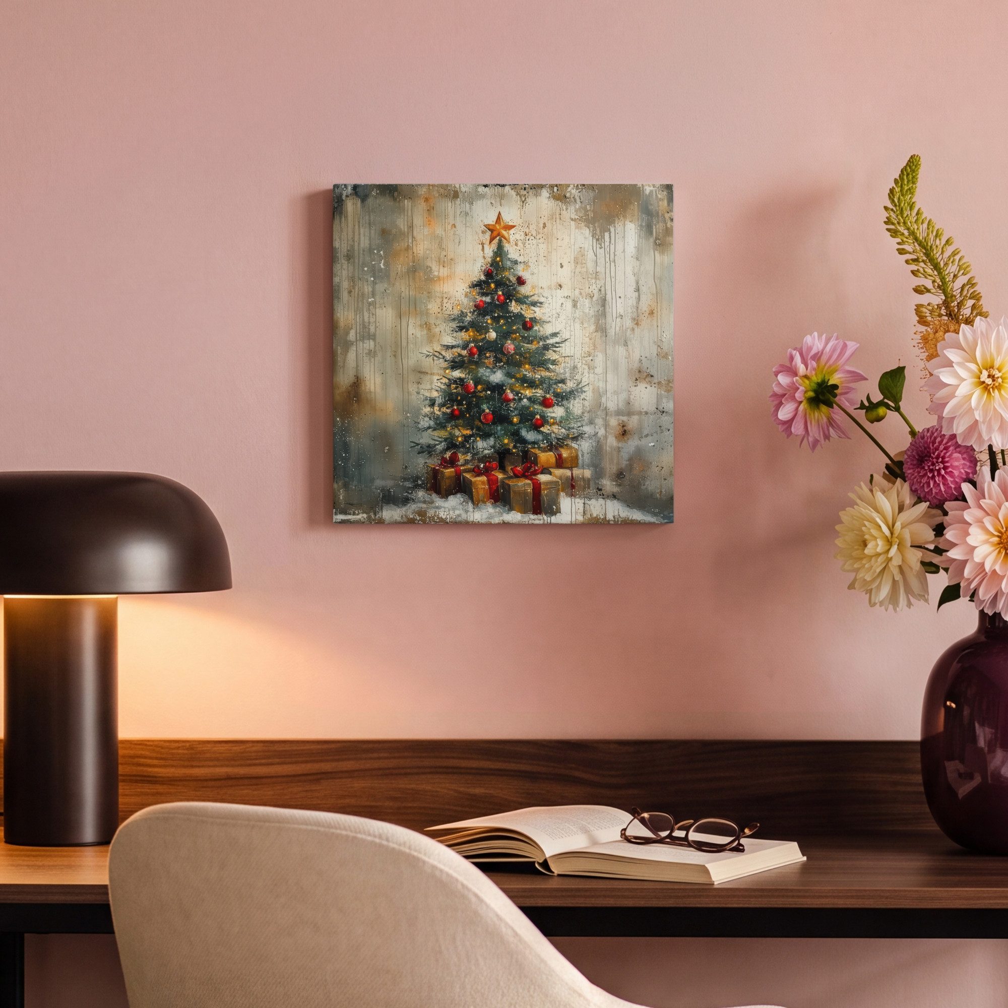 OneMillionCanvasses® Leinwandbild Weihnachtsbaum - Vintage - Weihnachten - Geschenk, Fotodruck (1 St), Wandbild, Deko Schlafzimmer Wohnzimmer Flur 20x20 cm – Bild 4 von 5