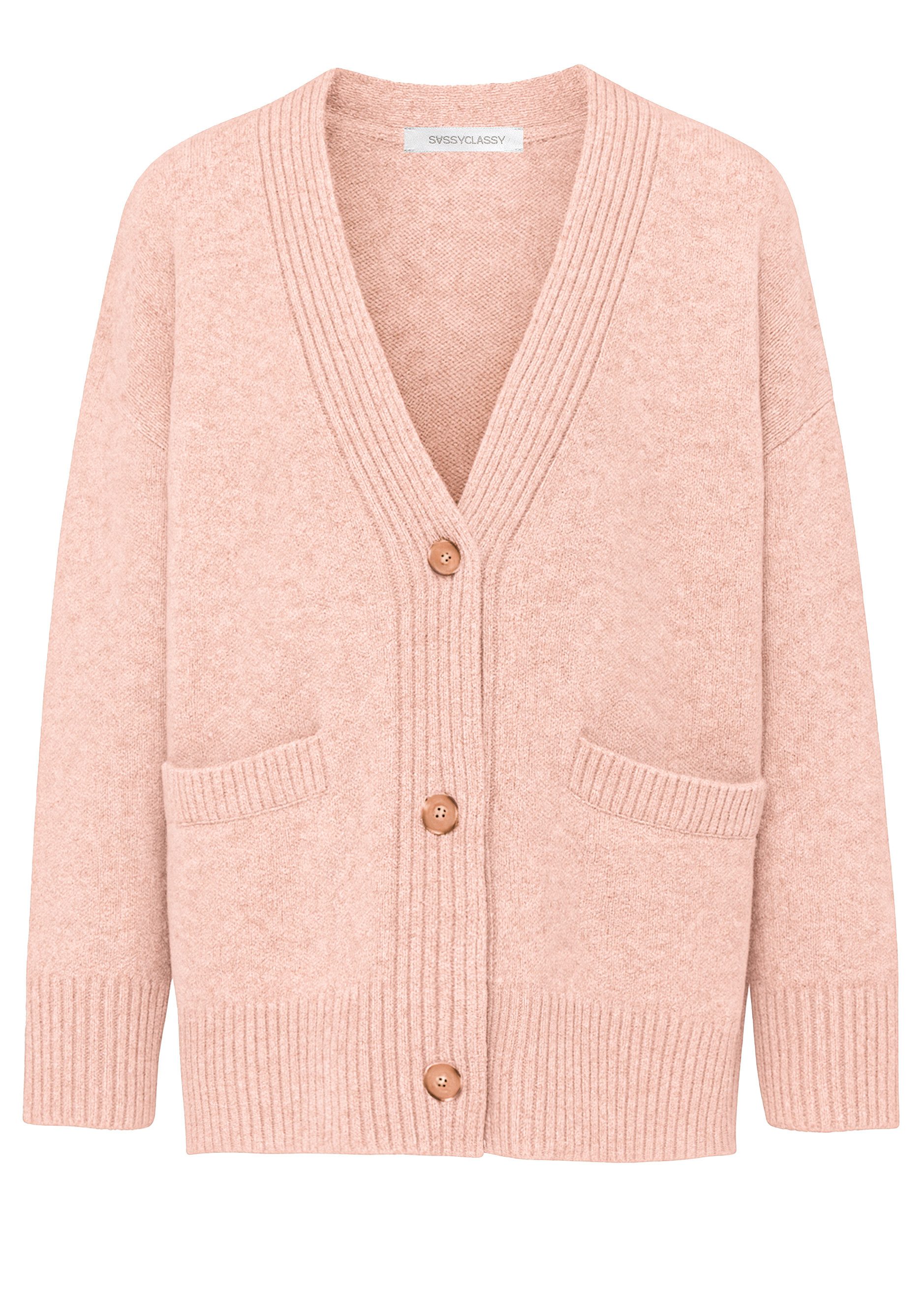 SASSYCLASSY Cardigan Oversize Cardigan mit Taschen für Damen Strickcardigan in Rippstruktur mit V-Ausschnitt und Knopfleiste