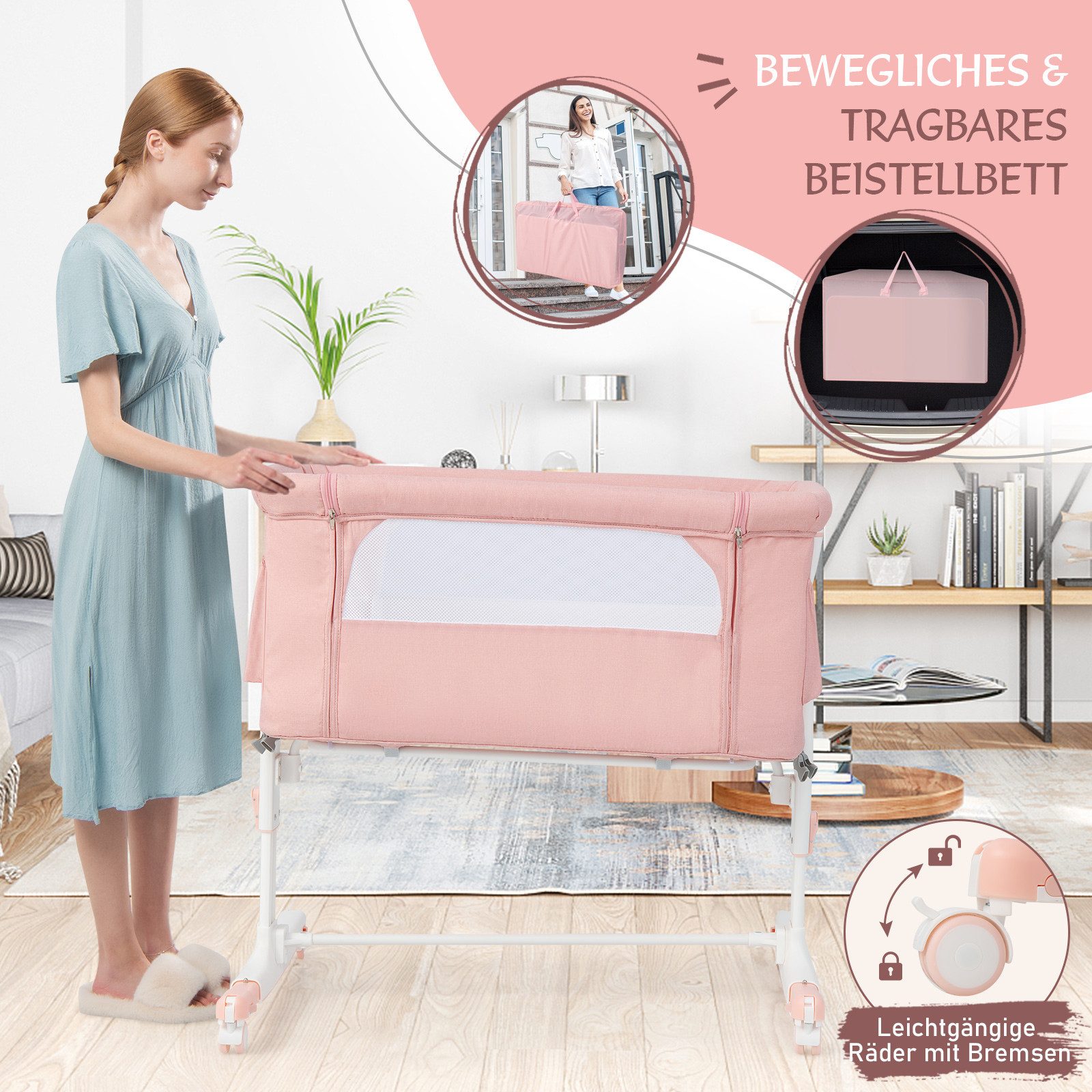 COSTWAY Beistellbett 3 in 1 Reisebett, 5-stufig höhenverstellbar,Matratze – Bild 5 von 5