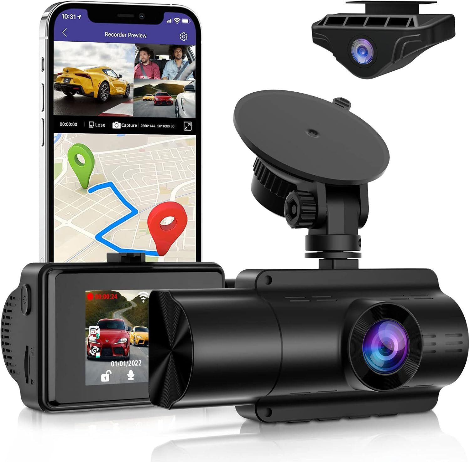 Toomoke Dashcam 3 Lens Autokamera,4K+ 1080P + 1080P,WiFi Dashcam mit GPS Dashcam (2'' IPS Bildschirm vorne hinten innen HDR+WDR Dash Cam,140° Weitwinkel, Loop-Aufnahme,G-Sensor,Parküberwachung,Nachtsicht,Unterstützt 256G Max)