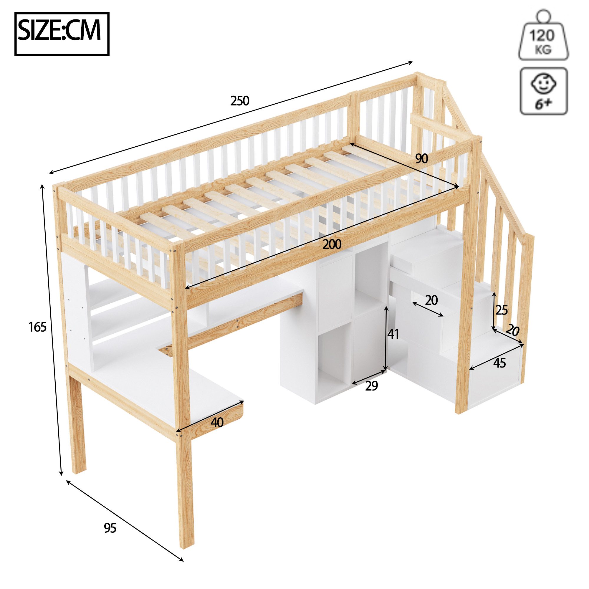 Flieks Hochbett Kinderbett 90x200cm mit Ambientelicht, Ablagefächer und Schreibtisch