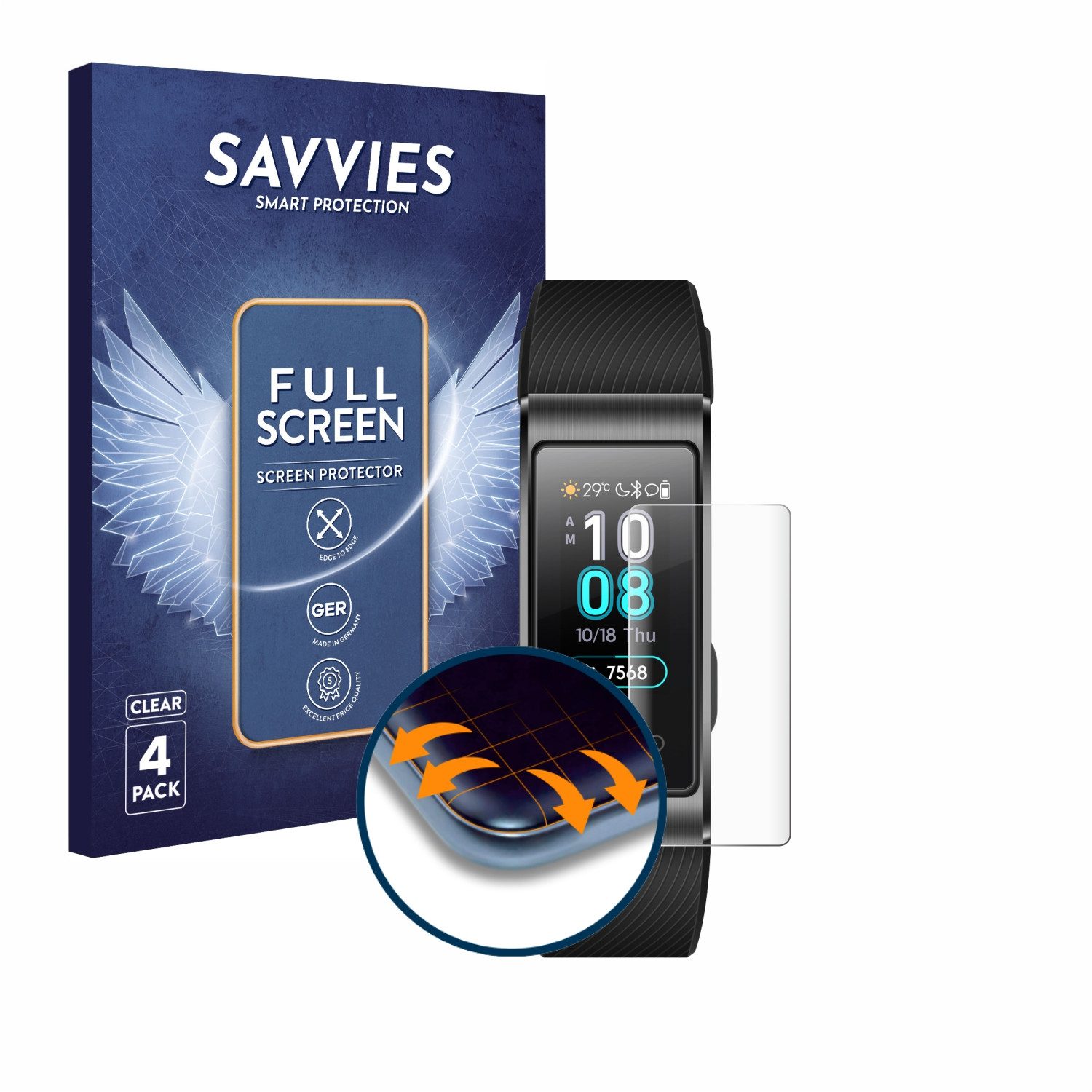 Savvies Displayschutzfolie Fullscreen Schutzfolie für Huawei Band 3 Pro, 4 Stück, Displayschutz Folie Fullcover Klar Transparent