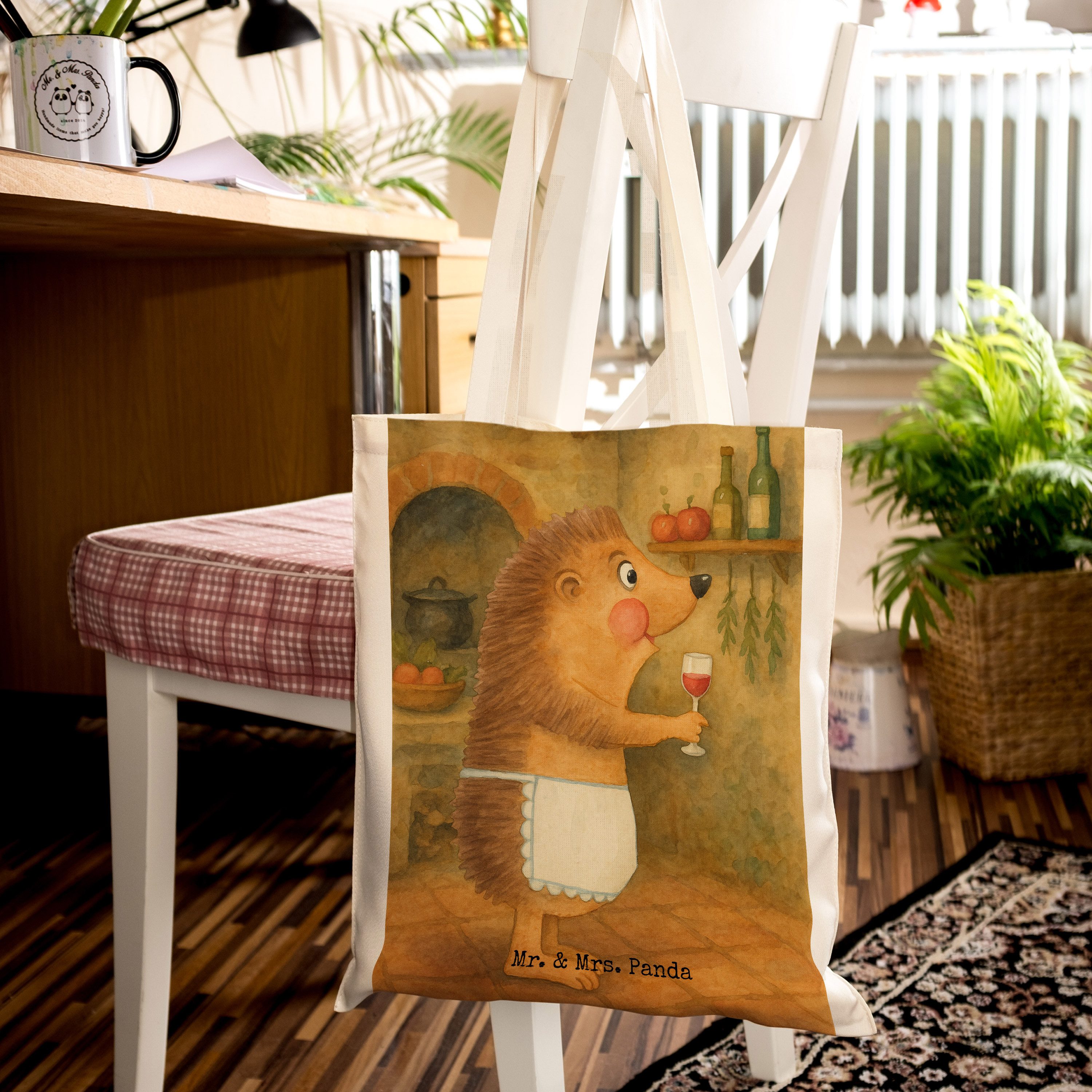 Mr. & Mrs. Panda Tragetasche Igel Wein Design, Tote Bag, Weiß, Bag, trinken, Tragetasche, Spruch, (Packung), stoff shopper tragbeutel Unitasche