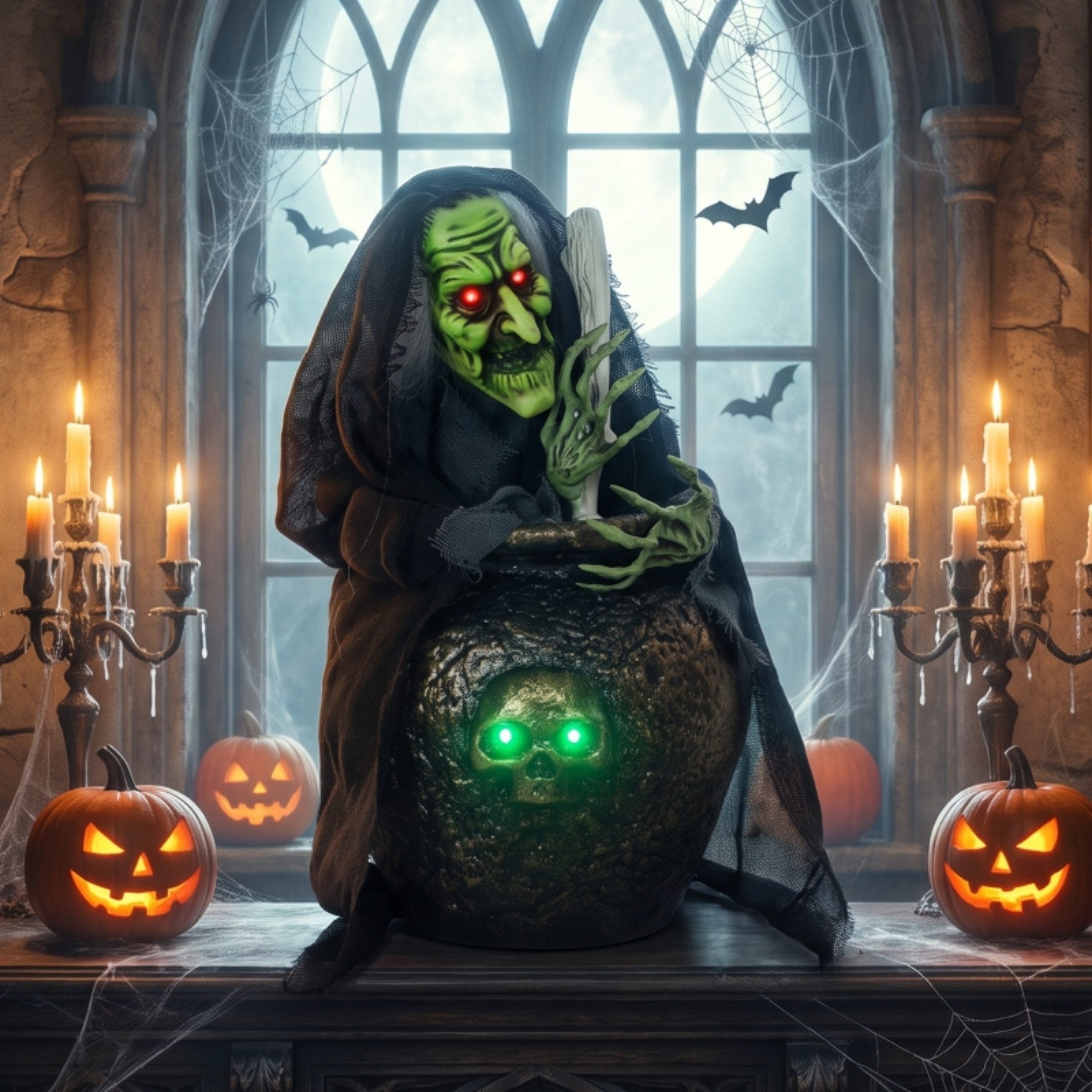 Blossom LED Dekoobjekt Animierte Halloween-Hexe mit Kessel, Rührbewegung LED, Soundeffekten, Touch- und Geräuschaktivierung, kabellos, 47 cm, Tischdekoration – Bild 2 von 5