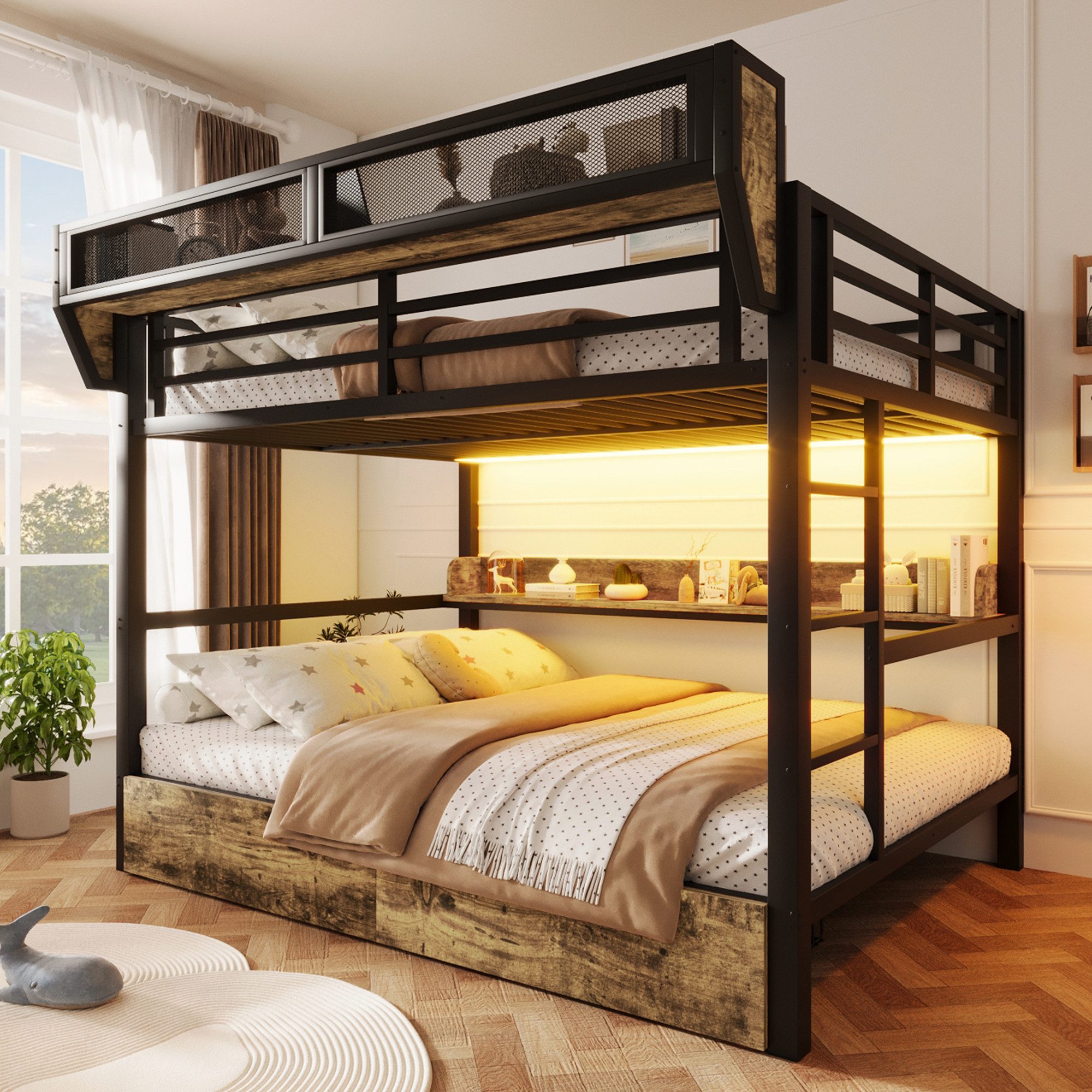 Flieks Etagenbett, Metallbett 140x200cm mit Schubladen LED-Beleuchtung Aufbewahrungskorb