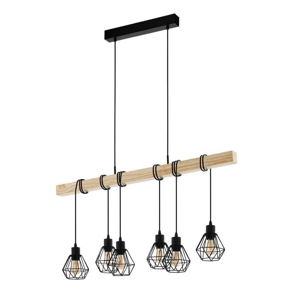 EGLO Hängeleuchte TOWNSHEND 5 Hängelampe, Stahl und Holz, E27, IP20, Pendellampe, Lampe, ohne Leuchtmittel, Pendelleuchte, L100 x B20 x H110 cm, schwarz, braun, 6X60W exkl.