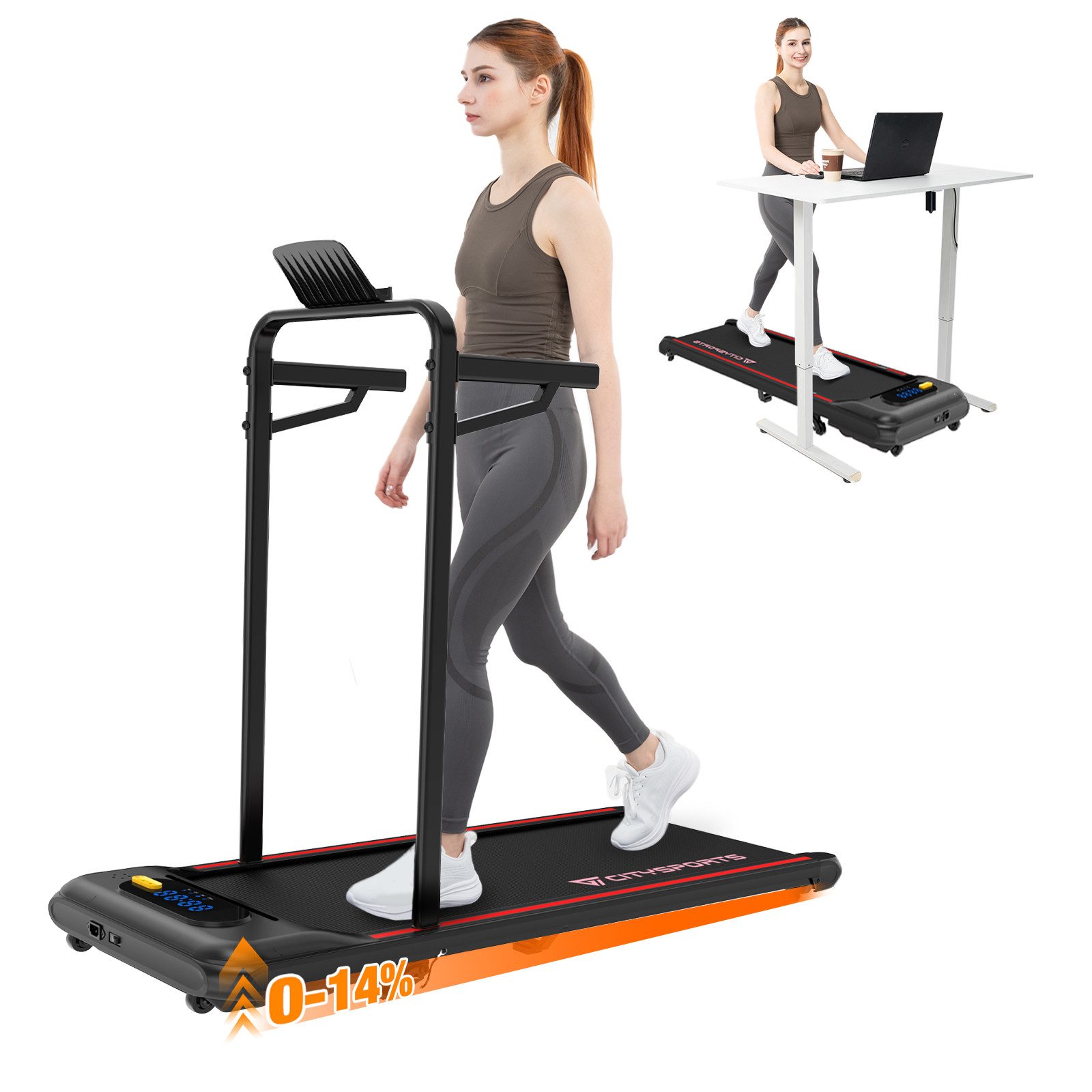 CITYSPORTS Laufband WP8 Walking/Jogging Pad 440W motor mit Steigung 13% MAX (Toolkits, Schmiermittel), Laufbander für Zuhause 1-6km/h mit LED light