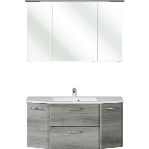 Saphir Badmöbel-Set Quickset 2-teilig, Mineralmarmor-Waschtisch mit LED-Spiegelschrank, (2-St), Badezimmer Set inkl. Türdämpfer, 5 Türen, 1 Klappe, 1 Schublade