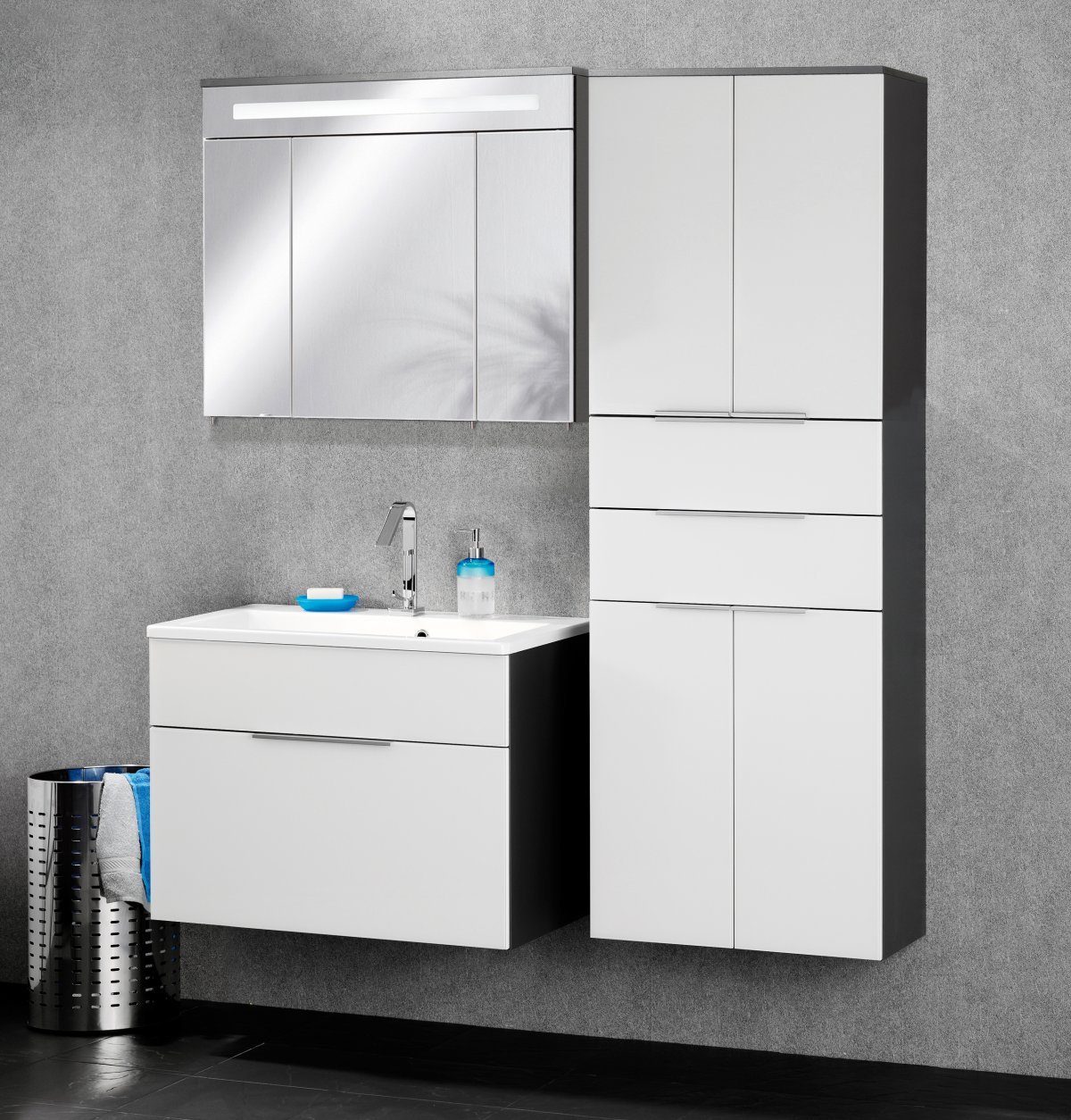 FACKELMANN Hochschrank Kara Hochschrank Korpusfarbe: Anthrazit Frontfarbe: Weiß - Glas