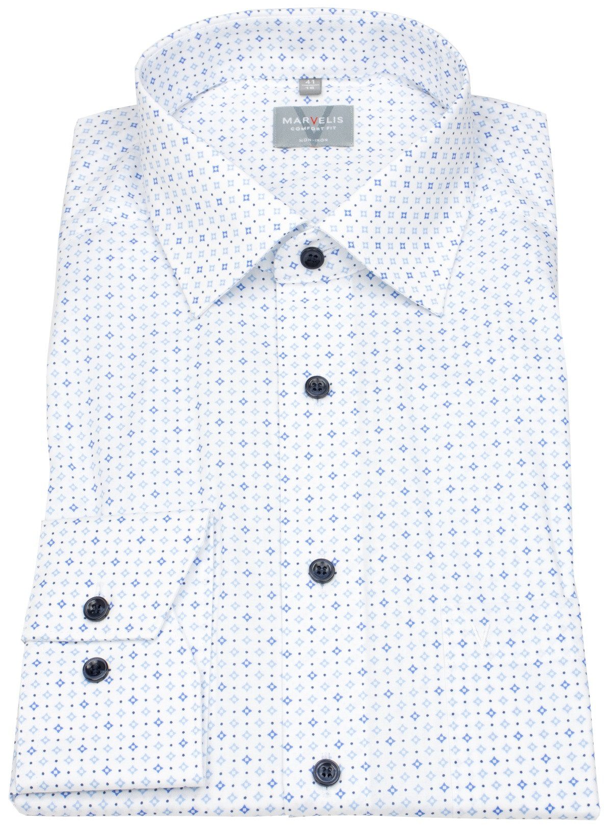MARVELIS Langarmhemd Comfort Fit bügelfrei Kentkragen Kontrastknöpfe günstig online kaufen