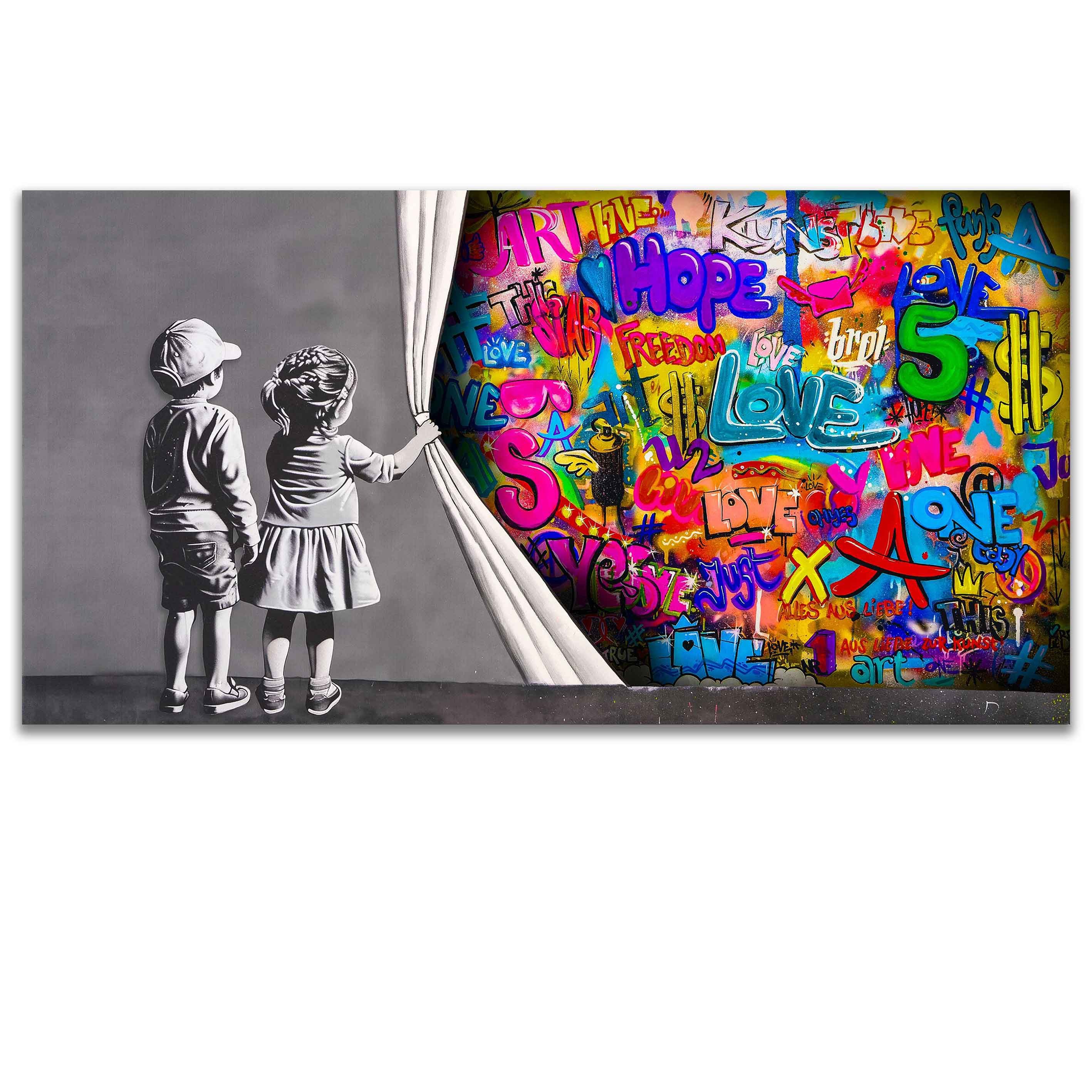 Leinwando Leinwandbild Gemälde Banksy 2 Kinder hinter Vorhang - Strong Bord günstig online kaufen