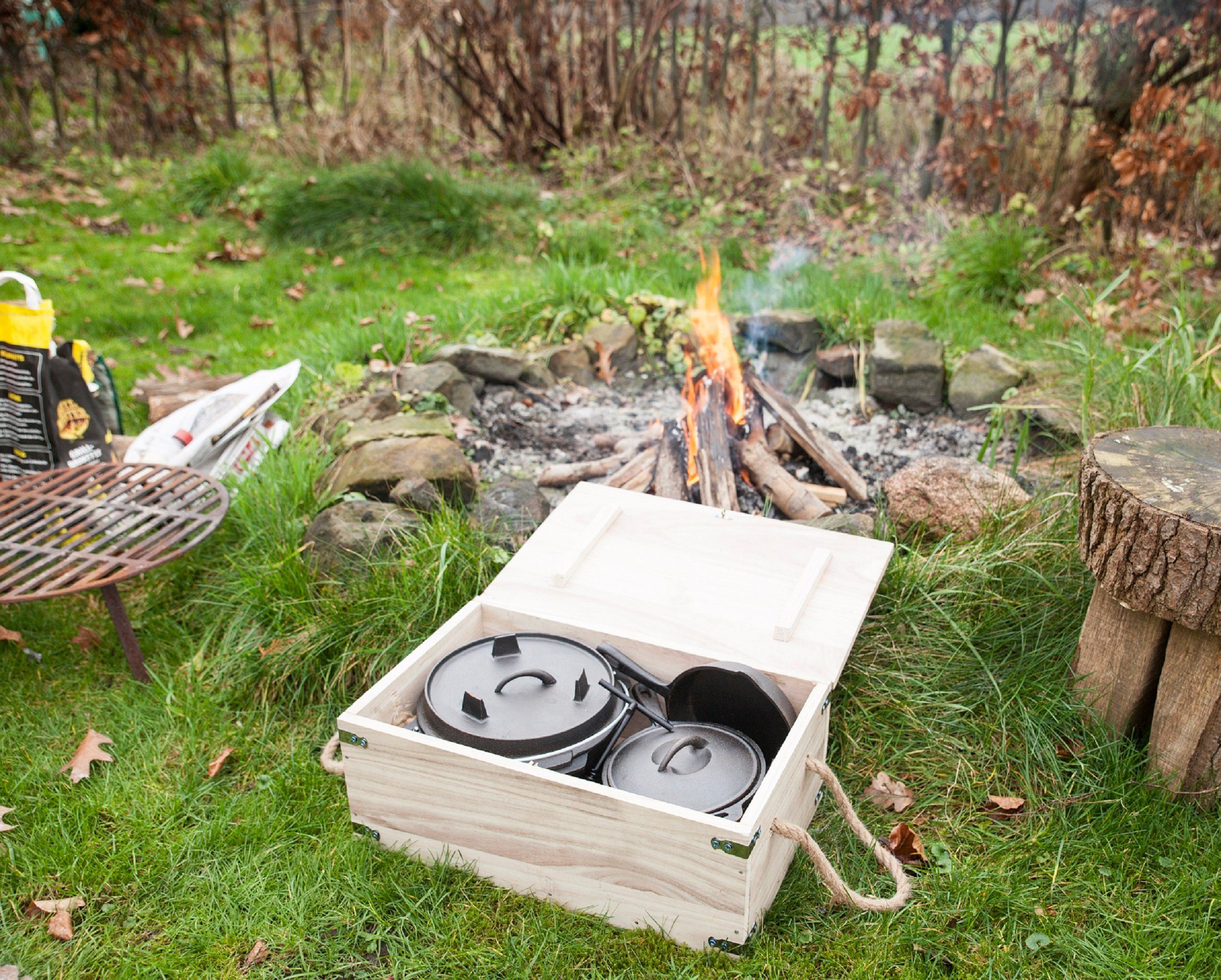 esschert design Feuerschale Dutch Oven 7er Set Koch Topf Grill Pfanne Deckel Holz Box Kiste Guss, (1 Set Dutch Oven)