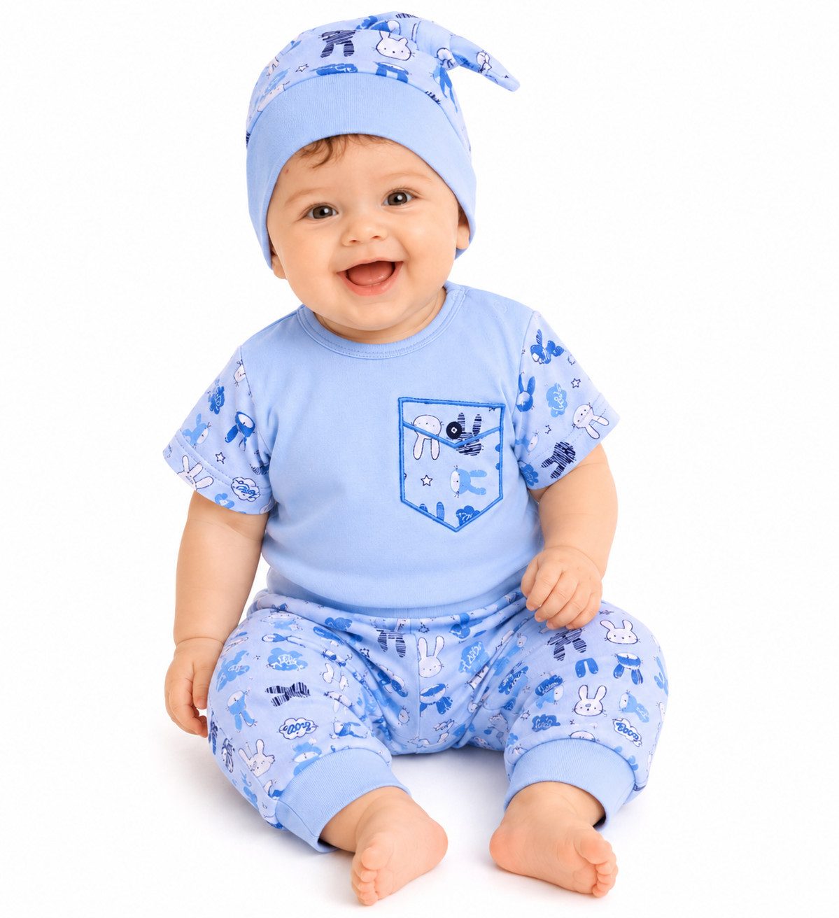 La Bortini Shirt & Hose T-Shirt Mütze und Hose Baby Anzug in Blau mit Hasen Muster aus Baumwolle, gemustert, 44 50 56 62 68 74 80 86 92 98
