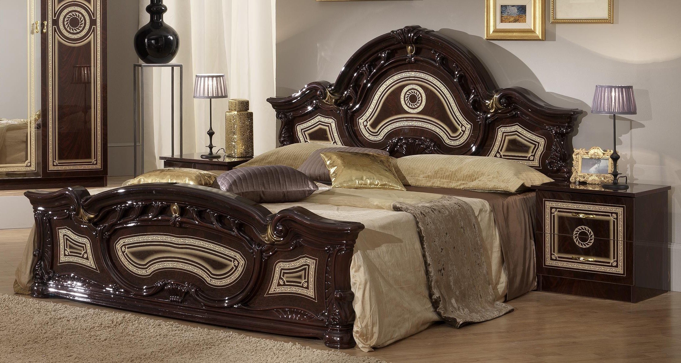 Schlafzimmer-Set Antikes Doppelbett mit 2 Nachttischen, 3-teiliges Set