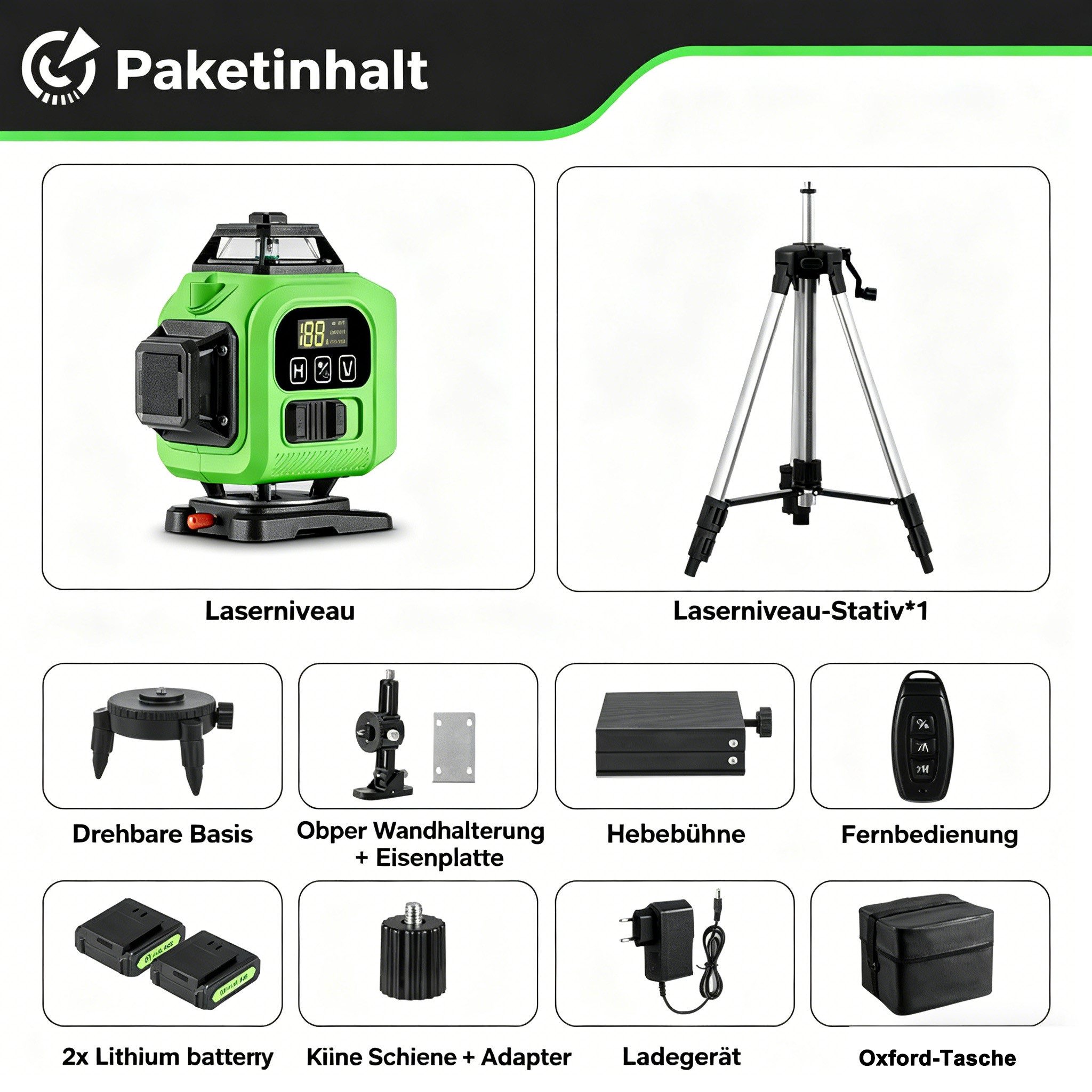 HGLINE Laserwasserwaage 4D 16 Linien Lasernivellier, 360° selbstnivellierend mit Stativ, mit 2×4800mAh Akkus und IP54 Schutz