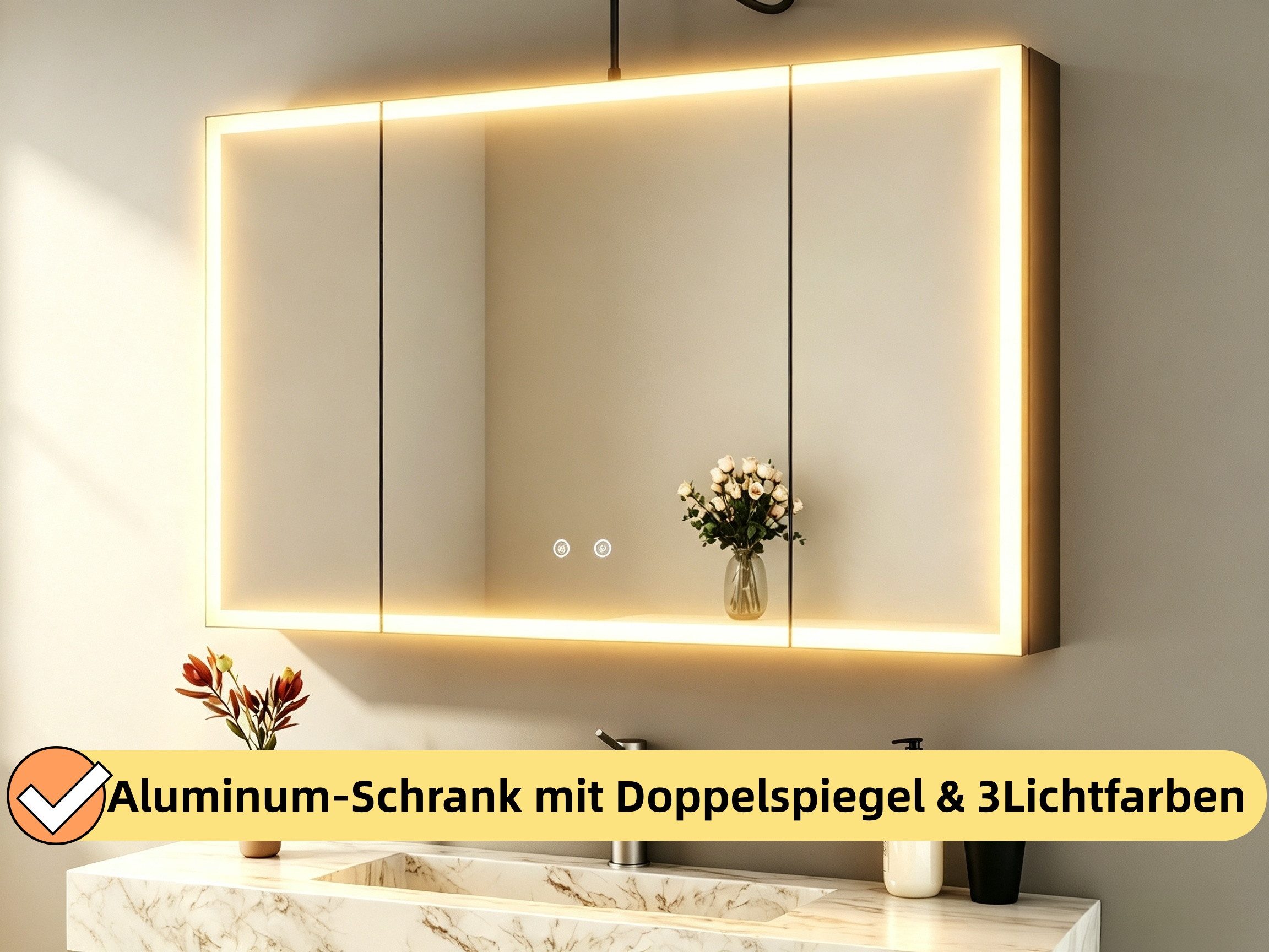 WDWRITTI Badezimmerspiegelschrank mit LED Spiegelschrank Bad mit Beleuchtung 120x60cm 100cmx60cm 3türig (90x60cm Alu-Schranktür, Stahl Schrank-Korpus, Doppel Spiegel, Kalt/Neutral/Warmweiß, Dimmbar, Anti-Fog, Speicherfunktion) vormontiert geliefert, Wandmontage, Eingebautemontage, mit Netzadapter
