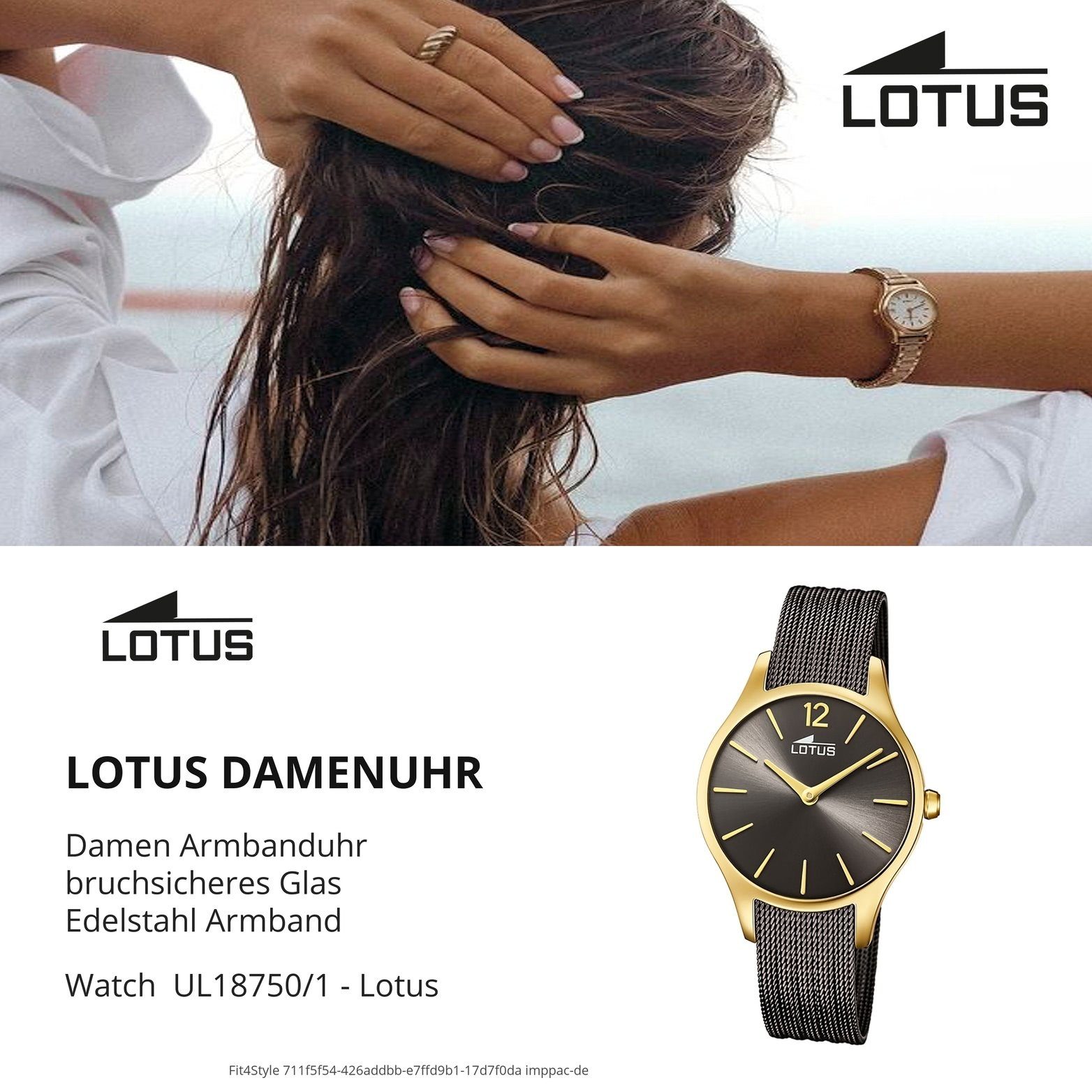 Quarzuhr Lotus Eleg Edelstahl rundes (ca. Damenuhr Damen mit Uhr mittel Edelstahlarmband, Lotus 18750/1, 32mm), Gehäuse,