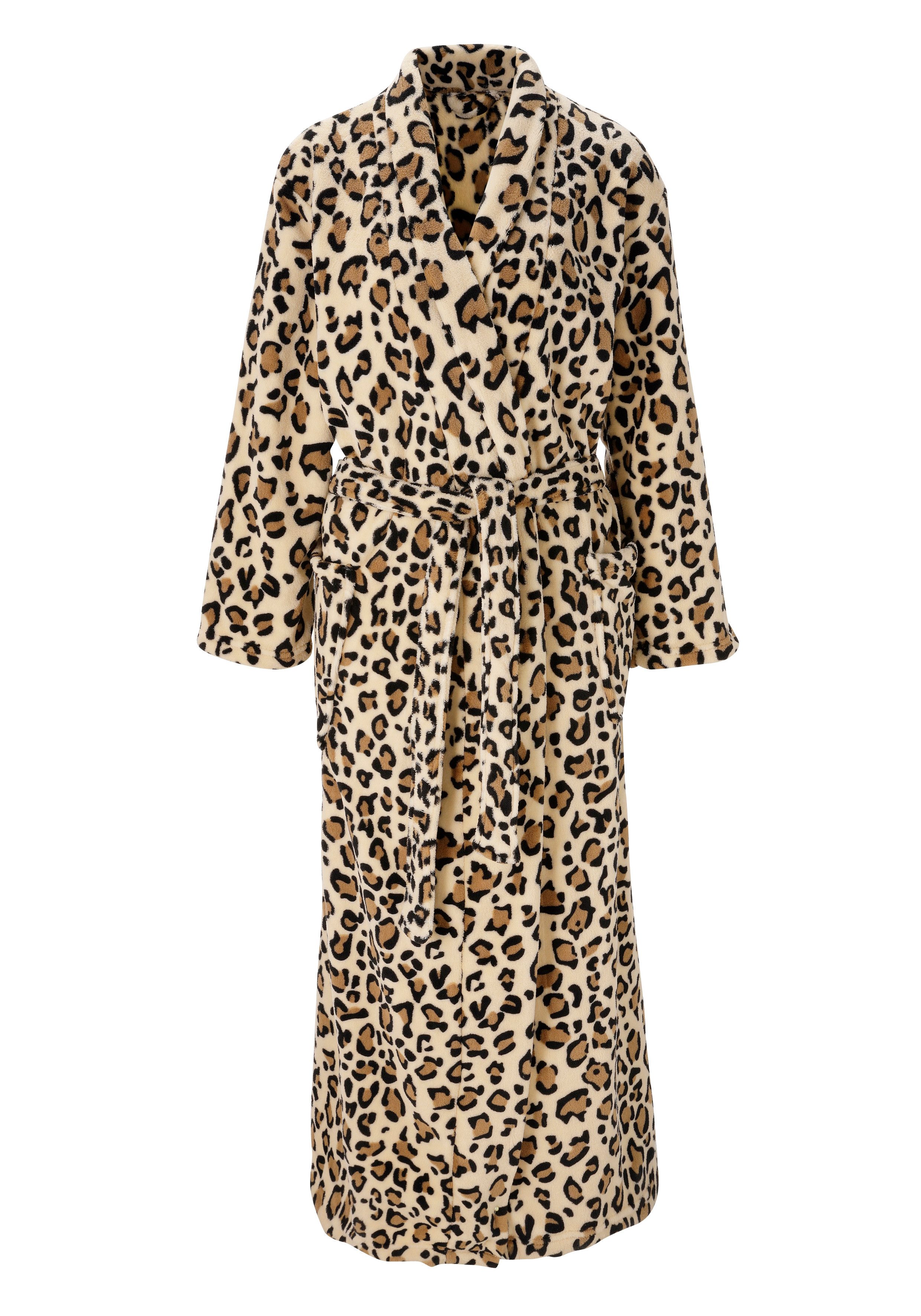 OTTO home Unisex-Bademantel Leo, ideal für Sauna, Spa & im Urlaub, modern, extra lang, Langform, Microfaser, Schalkragen, Gürtel, Animal Print, weich und kuschelig, Plüsch, für Damen und Herren, S-XL