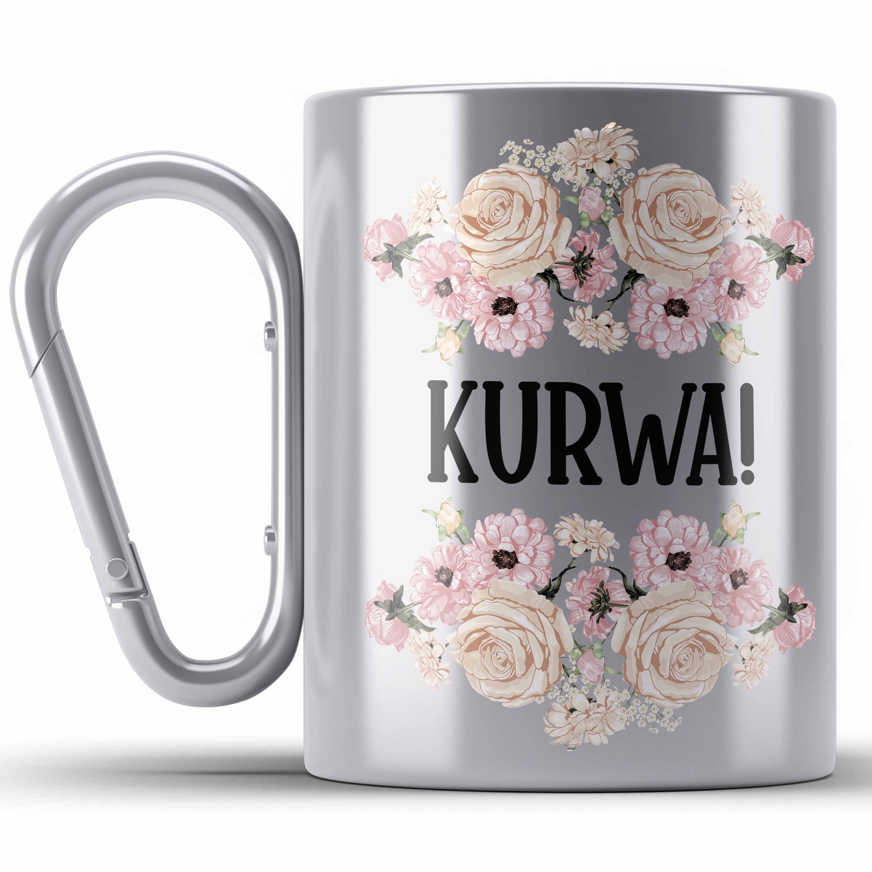 Trendation Thermotasse KURWA Edelstahl Tasse mit Spruch Provokante Edelstahl Tasse Spruch Kol Silber